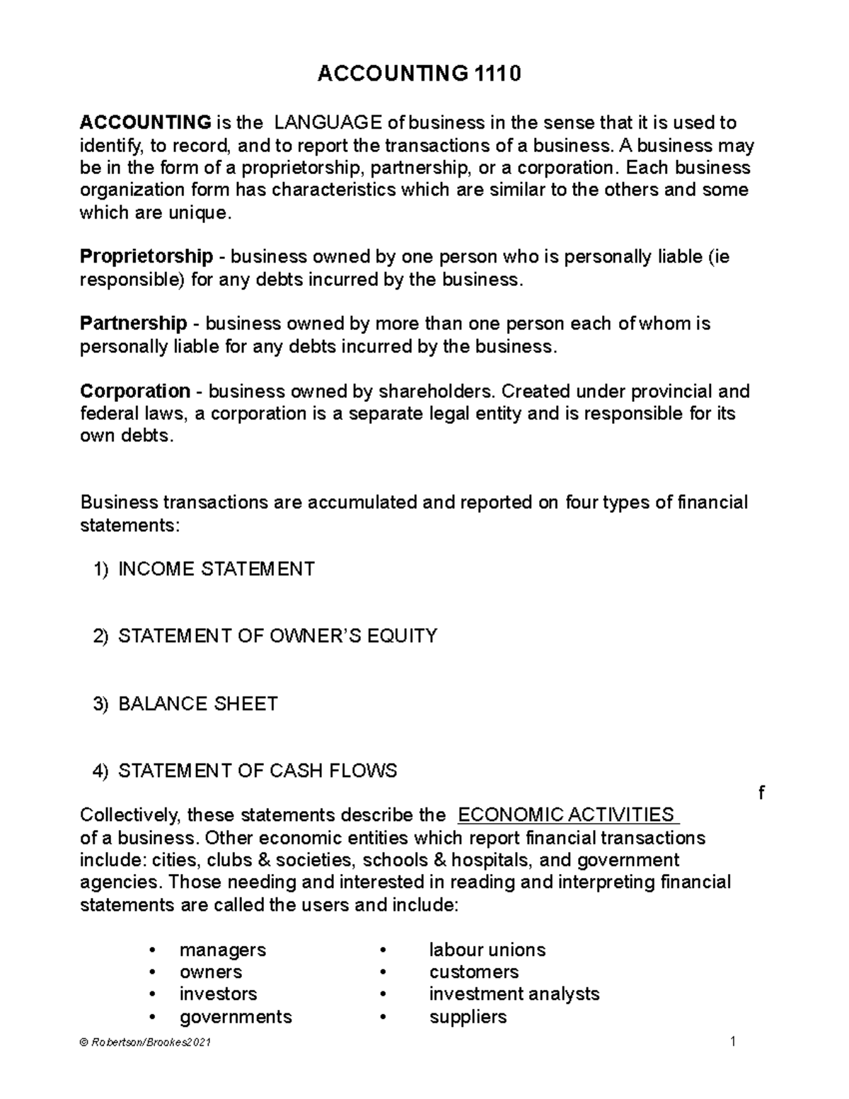 Chapter 1 lecture notes - ACCOUNTING 1110 ACCOUNTING is the LANGUAGE of ...
