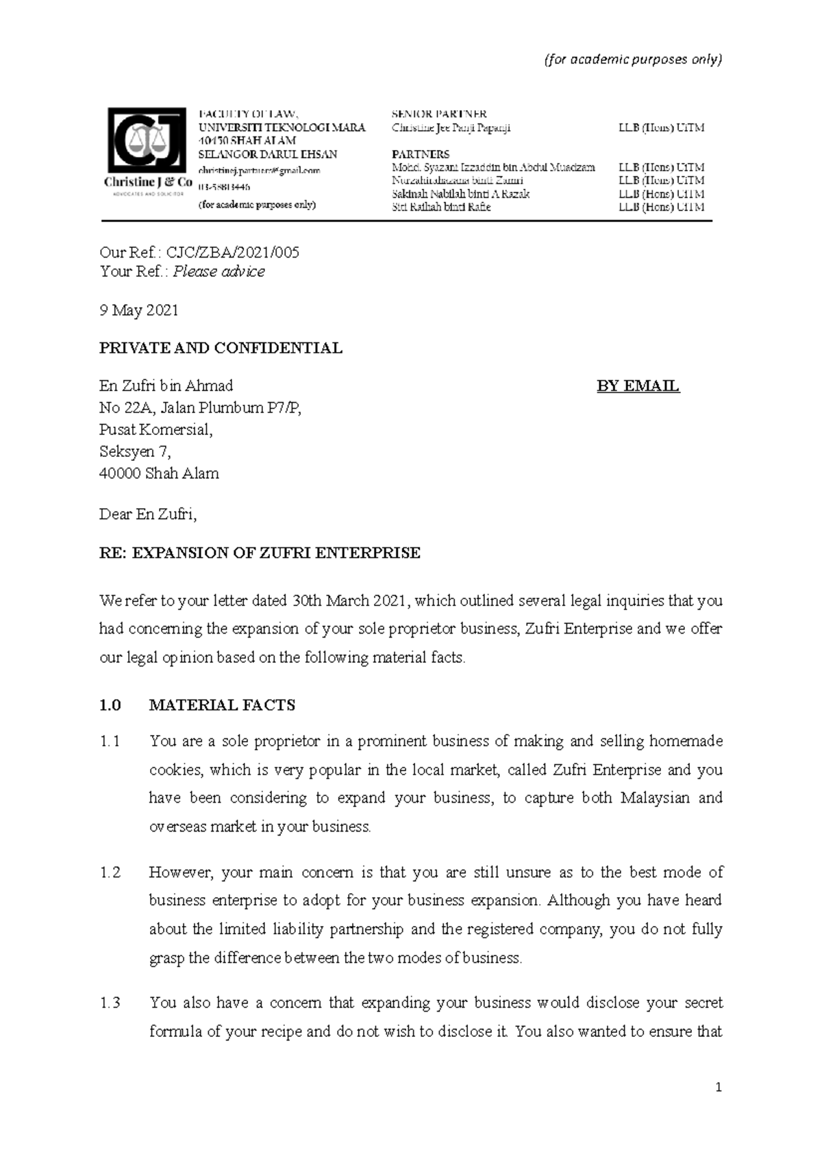 5. Advice Letter for conversion from sole prop into private company