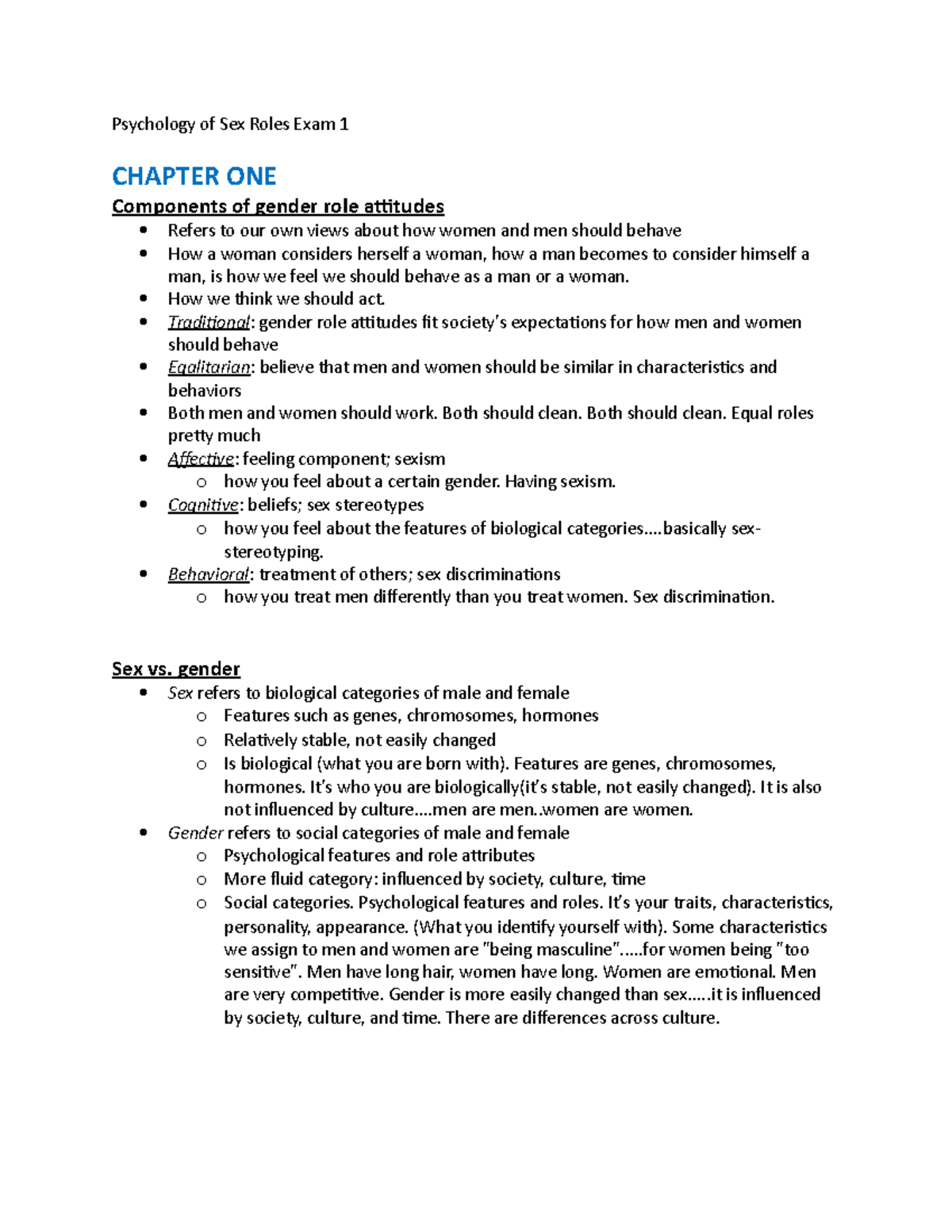 Exam 1 Study Guide - Summary Psychology Of Sex Roles - Psychology of ...