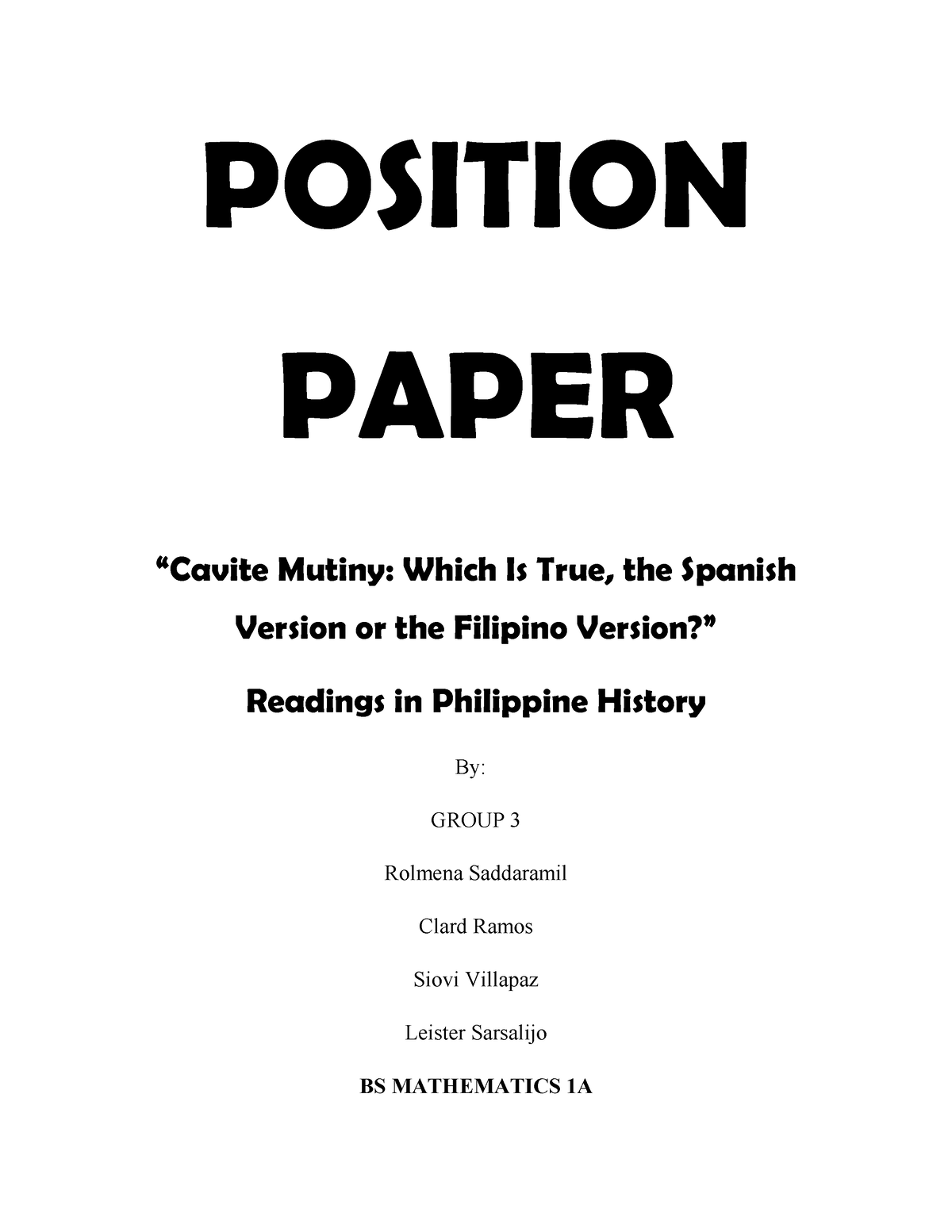 Cavite Mutiny Position Paper - POSITION PAPER “Cavite Mutiny: Which Is ...