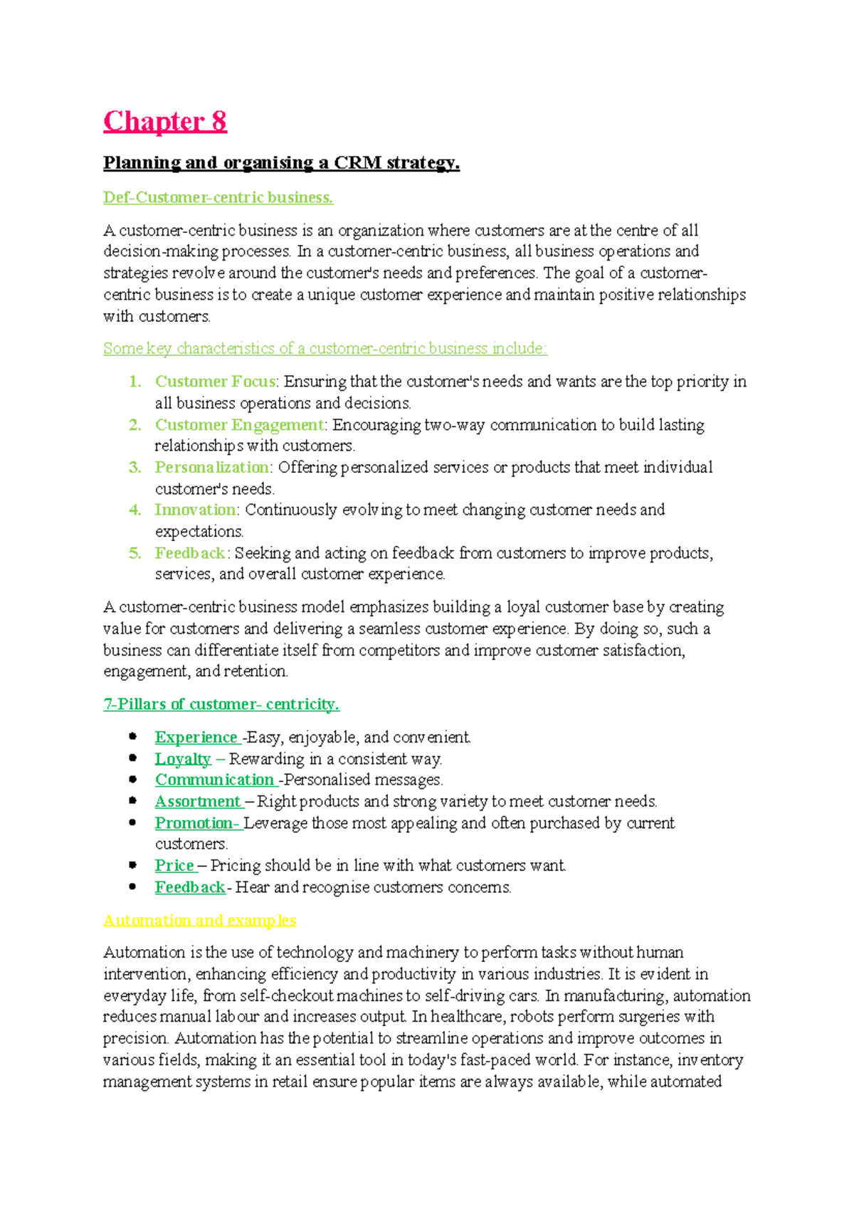 CRM-Chapter 8-Notes - notes - Chapter 8 Planning and organising a CRM ...