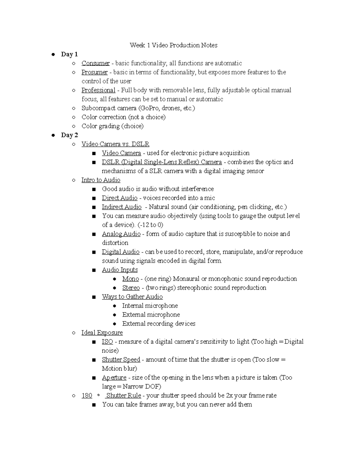 Video Production Notes Week 1 Week 1 Video Production Notes Day 1