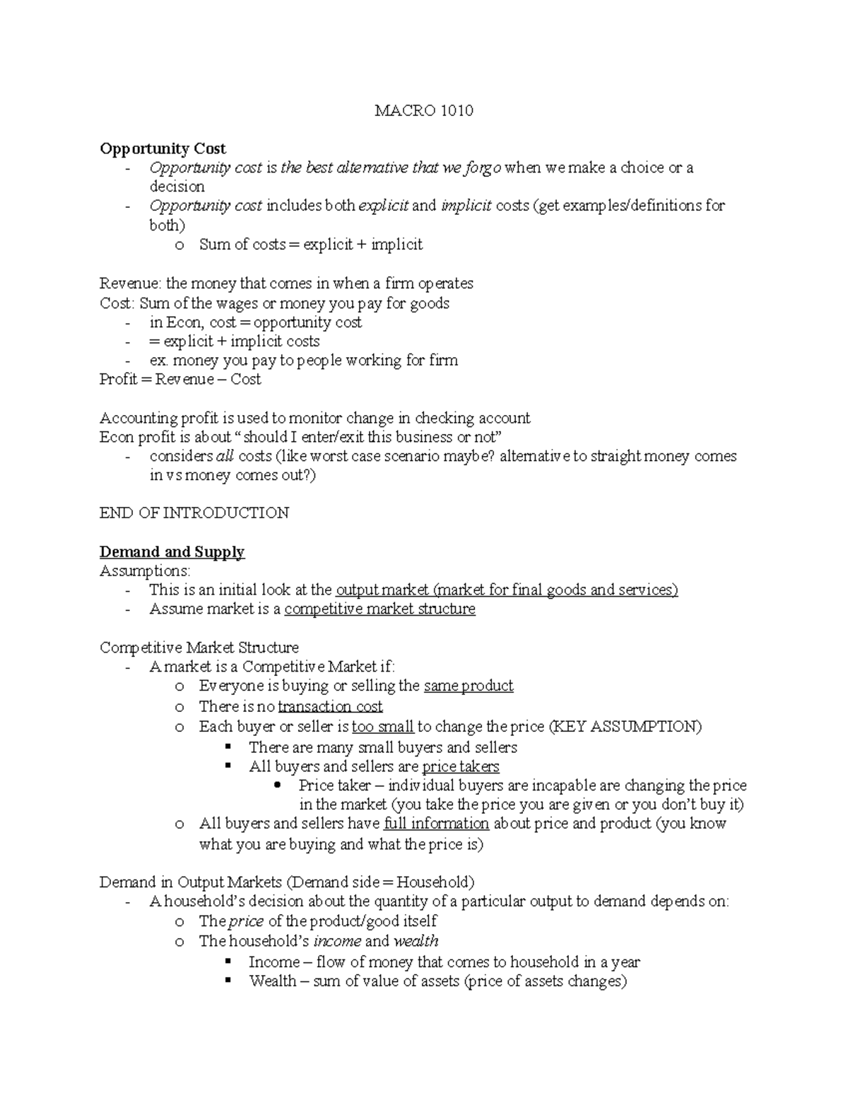 ECON 1010 Supply and Demand notes - MACRO 1010 Opportunity Cost ...