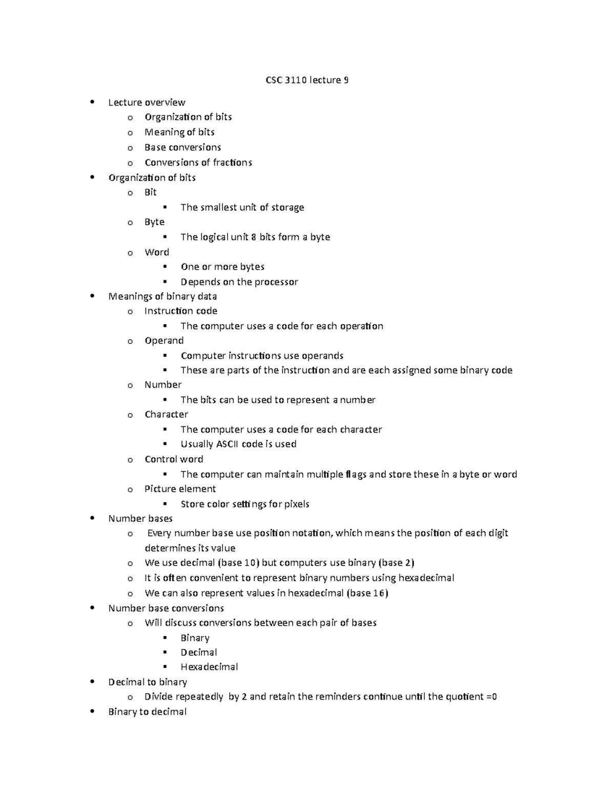 Csc 3100 Lecture 9 - Csc 3110 Lecture 9 Lecture Overview O Organization 