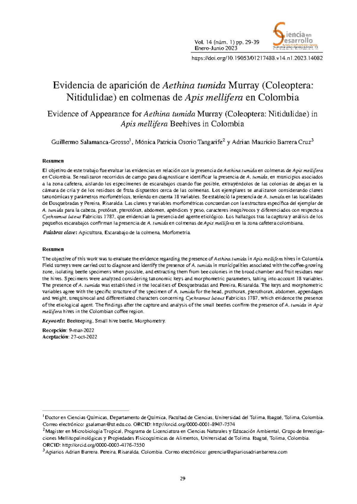 Aethina tumida Colombia - Vol. 14 (núm. 1) pp. 29- Enero-Junio 2023 ...