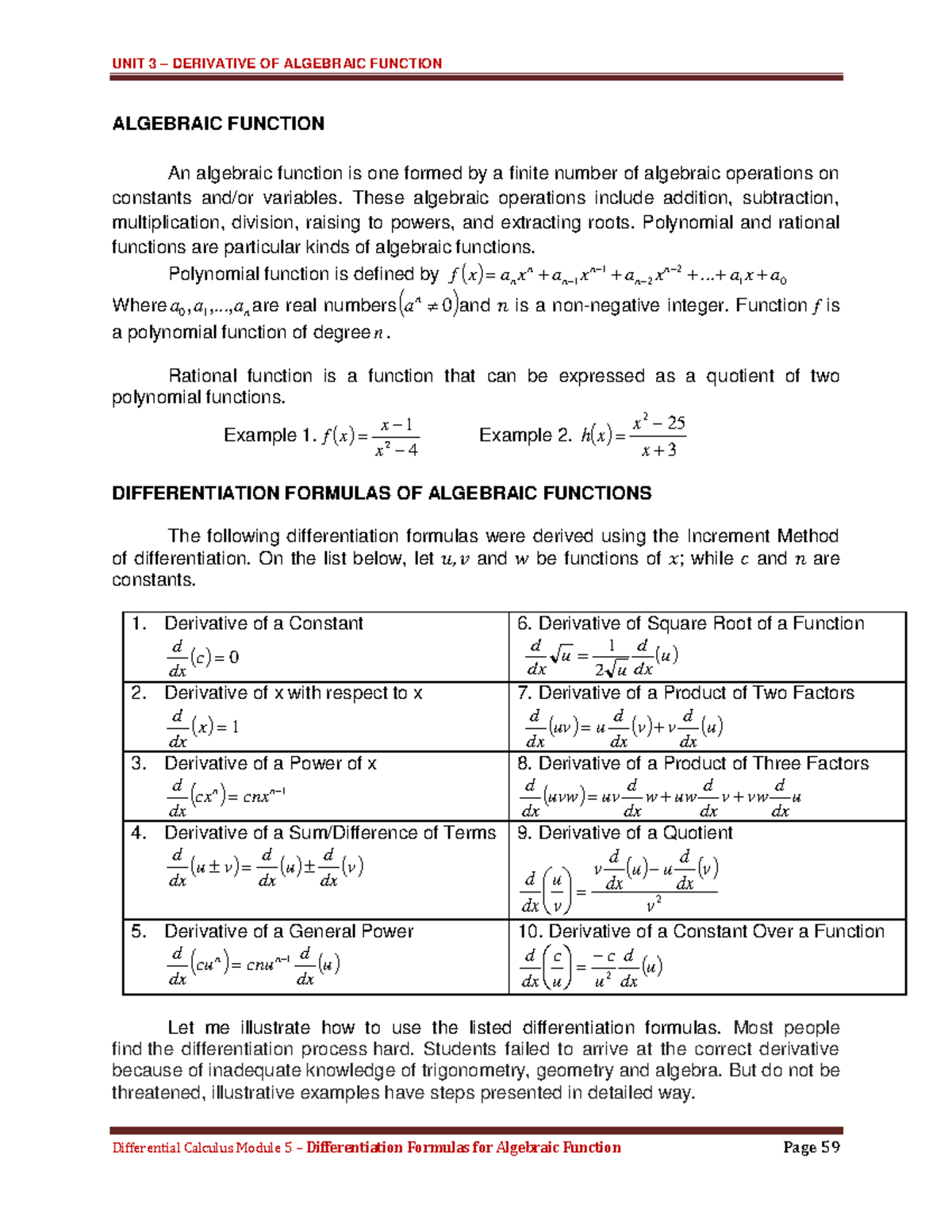 Unit 3 Module 5 Derivative Of Algebraic Function Algebraic Function