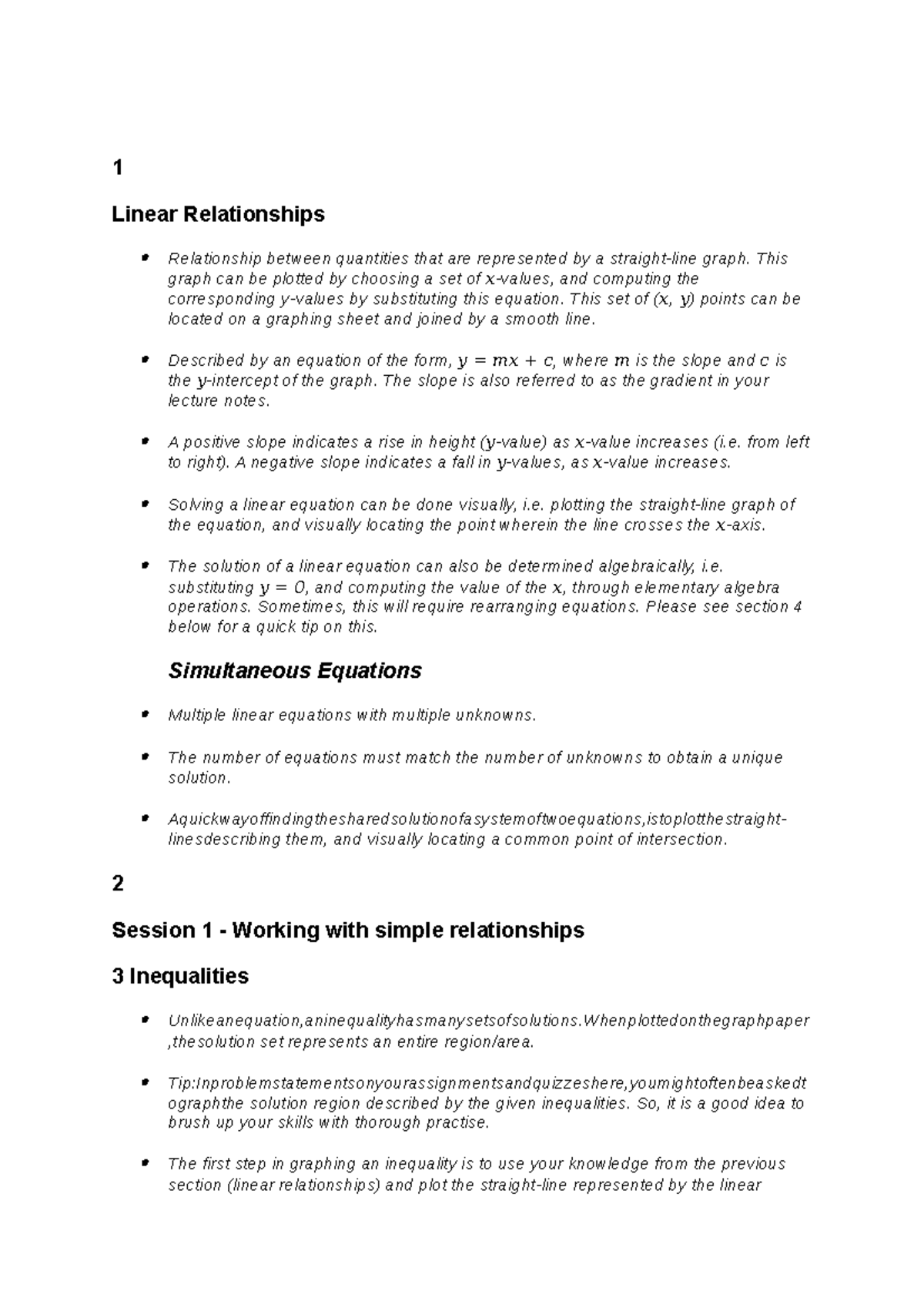 Notes-1 - Maths Primer - 1 Linear Relationships Relationship Between ...