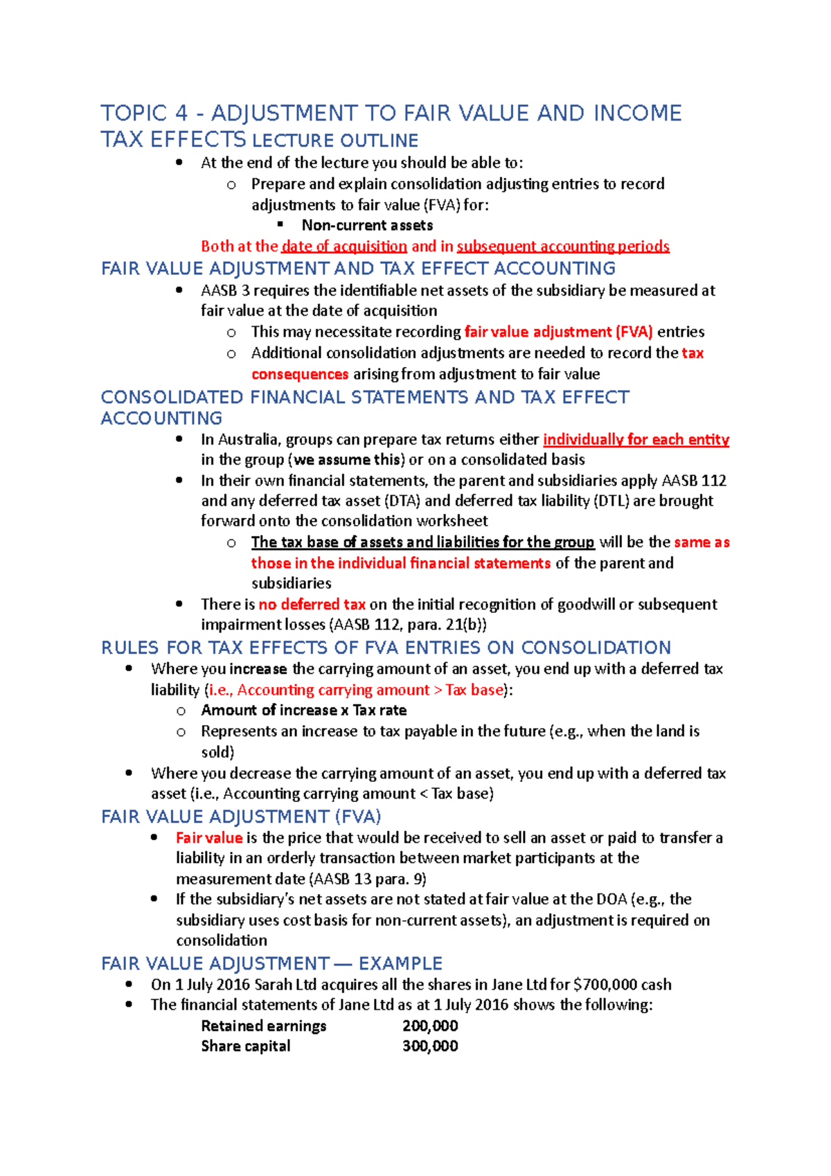 ABC Topic 4 - Lecture Summary - TOPIC 4 - ADJUSTMENT TO FAIR VALUE AND ...