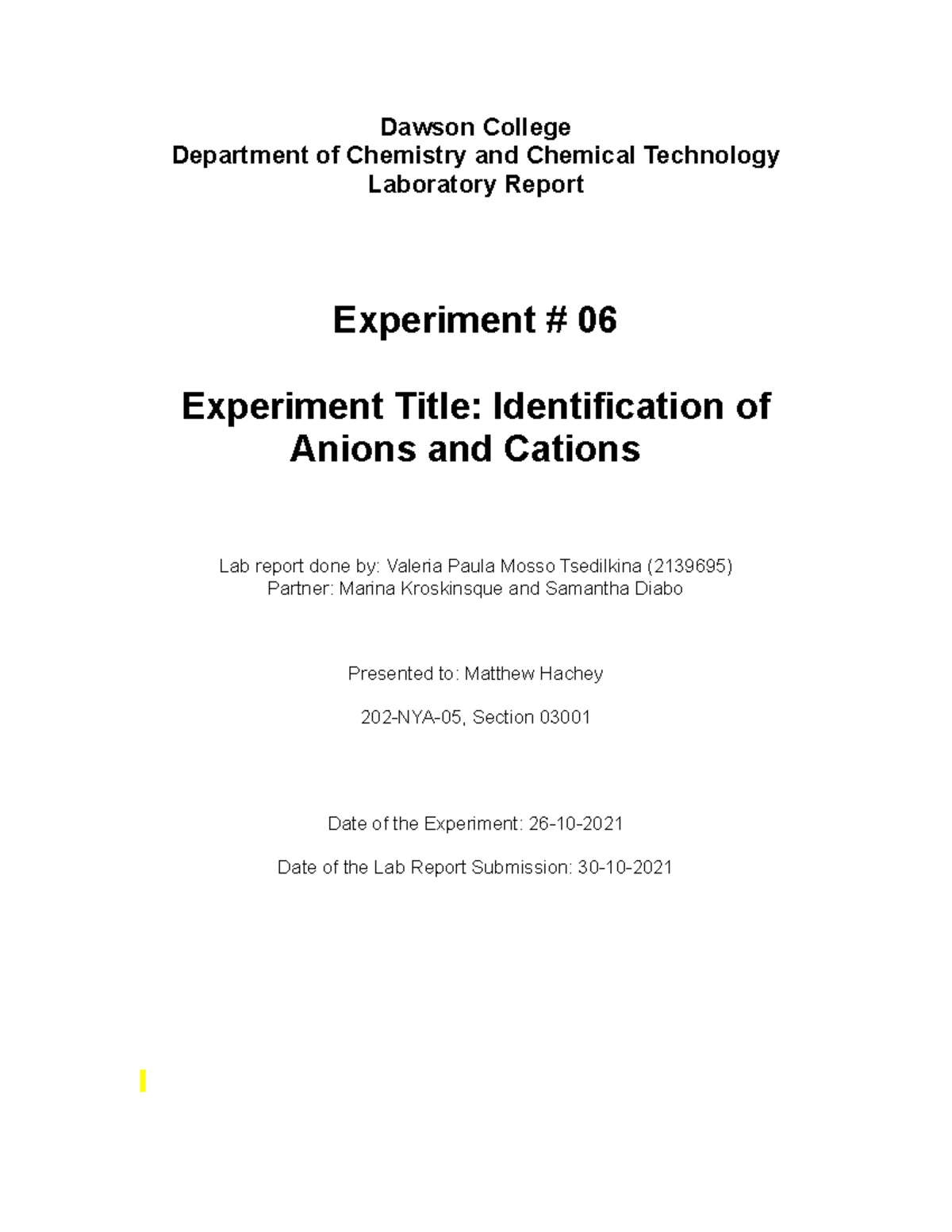 CHEM lab6 - lab 6 for general chemistry - Dawson College Department of ...