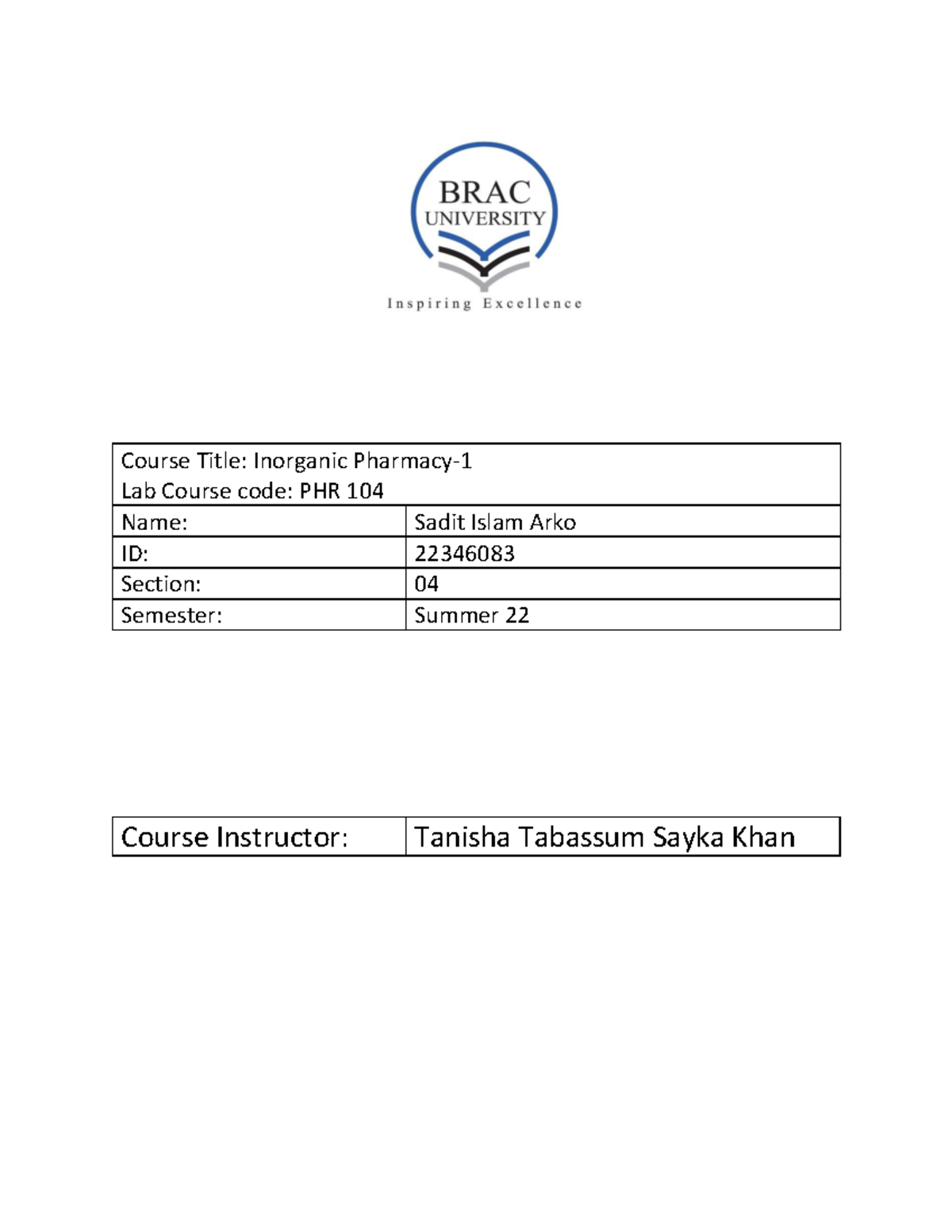 Inoganic lab report Course Title Pharmacy Lab Course code