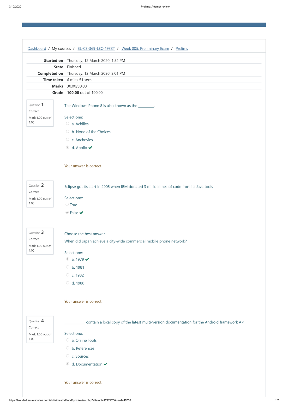 Prelim Attempt in BSIT - Dashboard / My courses / BL-CS-369-LEC-1933T ...