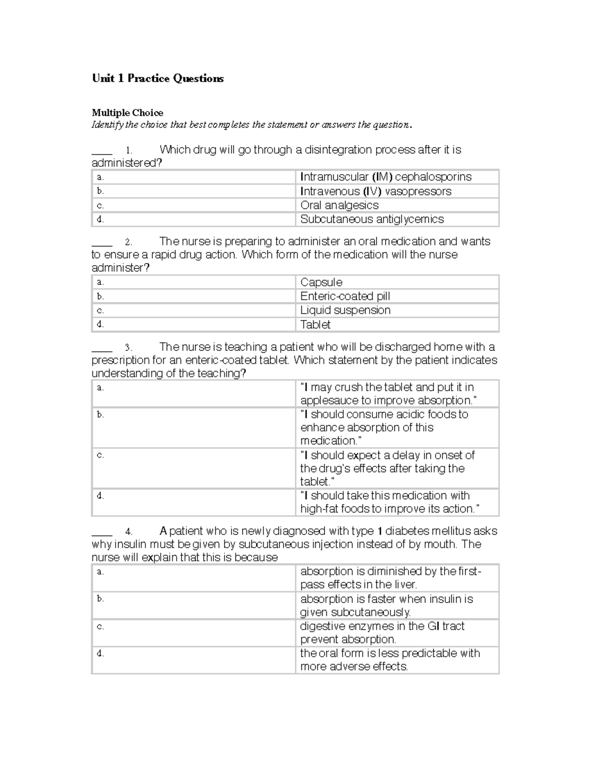 Medsurg unit 1 - Exam 1 - Unit 1 Practice Questions Multiple Choice ...