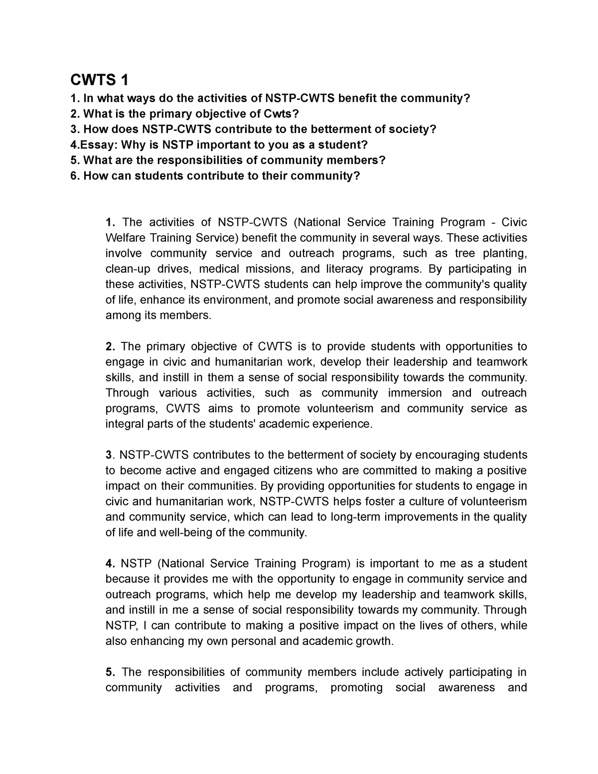 CWTS1 1 In What Ways Do The Activities Of NSTP CWTS Benefit The 