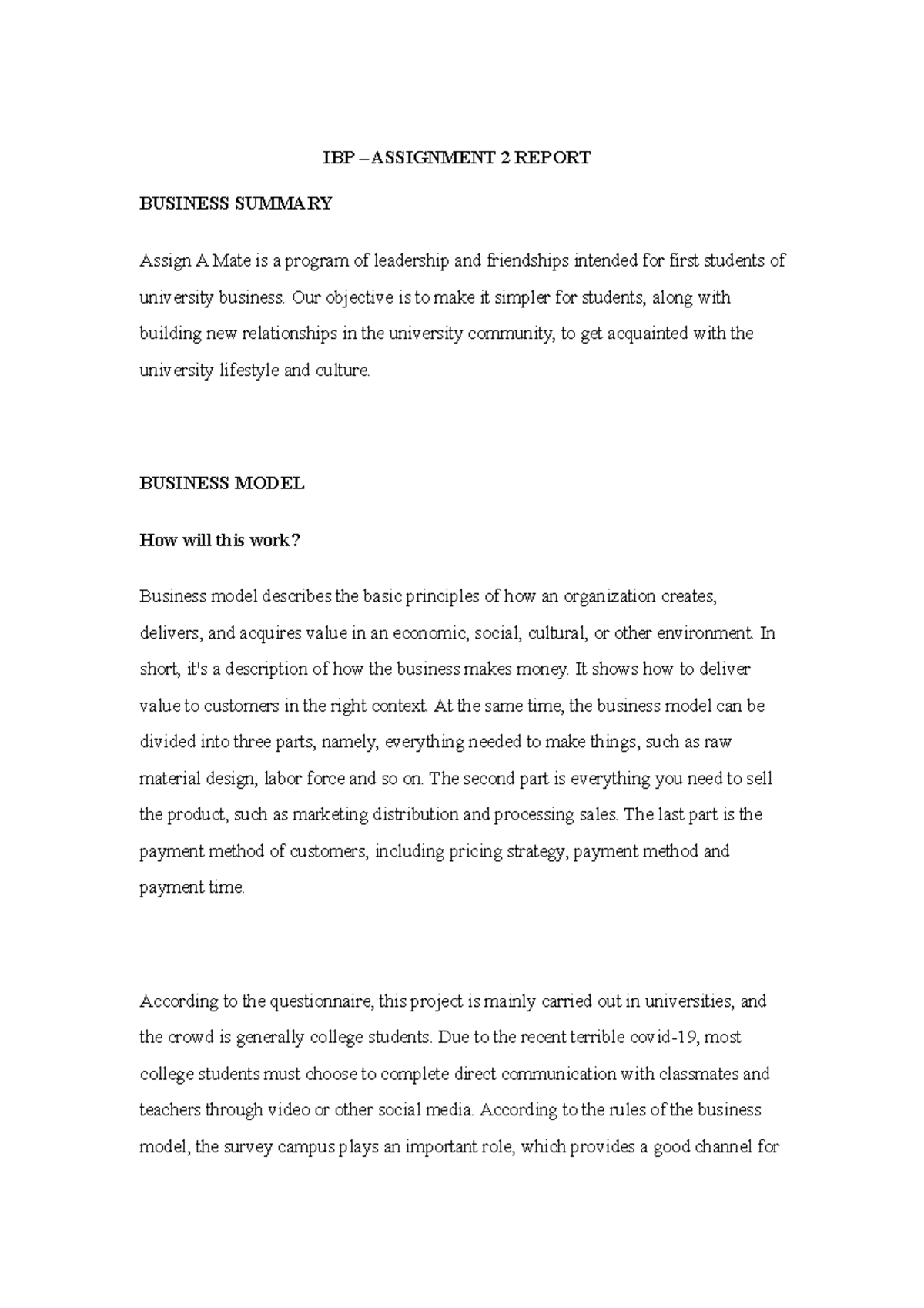IBP – Assignment 2 Report - IBP – ASSIGNMENT 2 REPORT BUSINESS SUMMARY ...