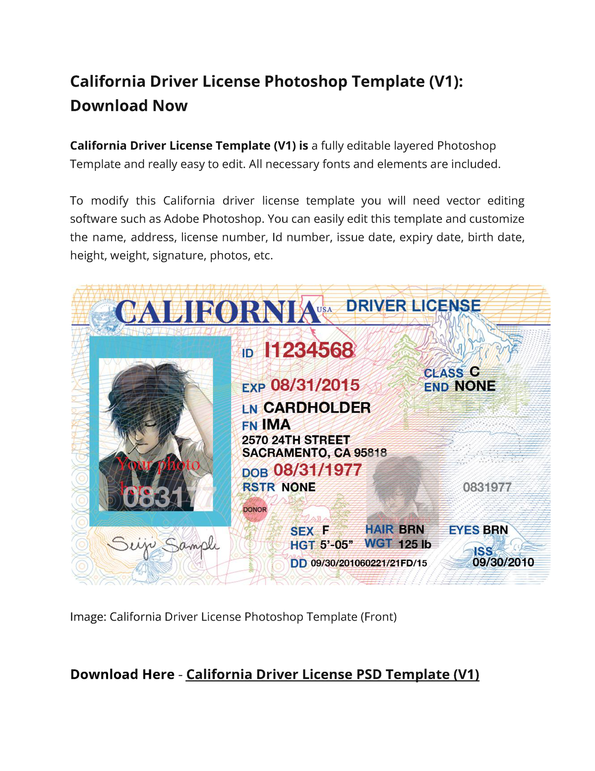 California driver license template (V1) California Driver License