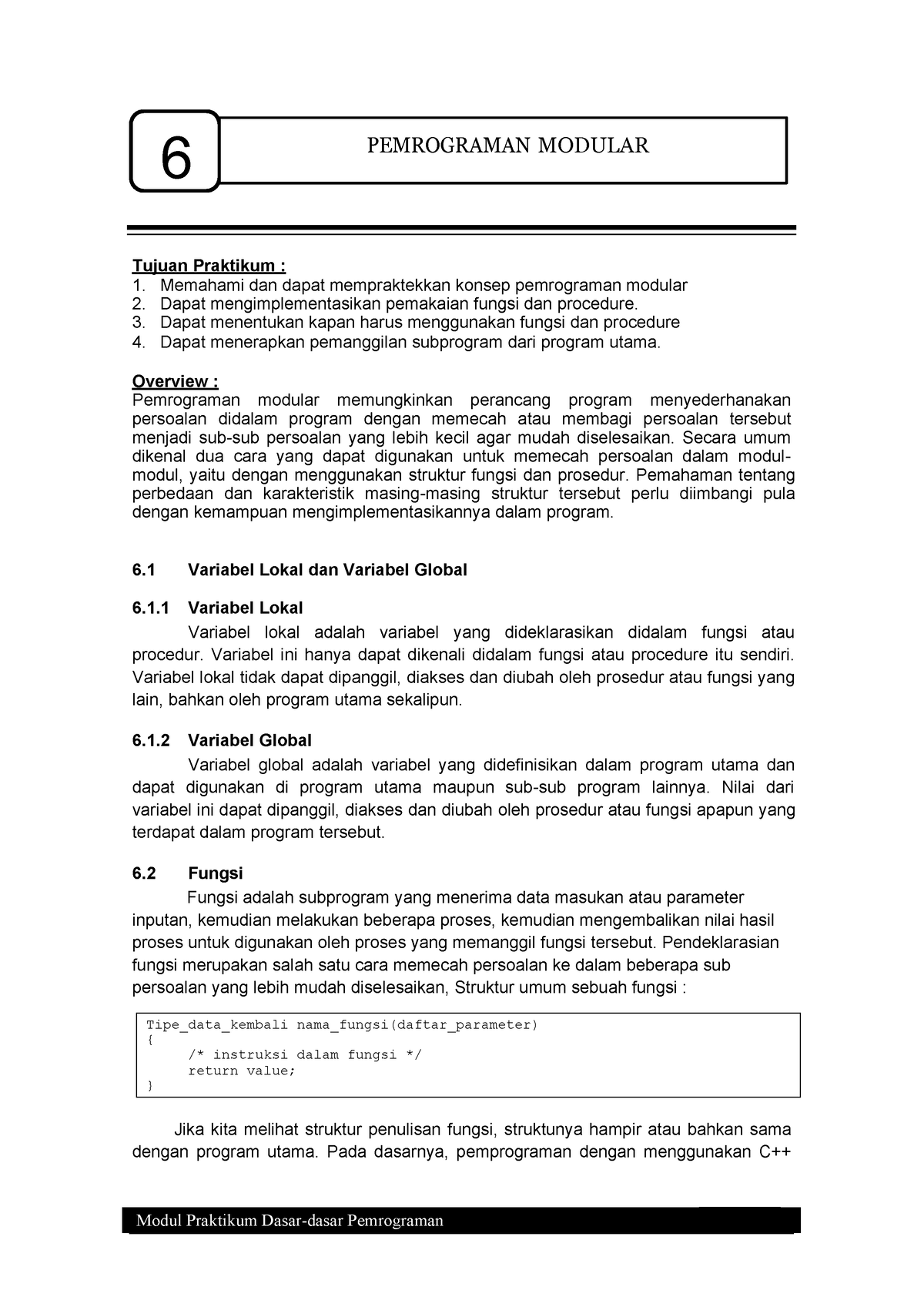 Modul Pemrograman Modular - 6 PEMROGRAMAN MODULAR Tujuan Praktikum : 1 ...