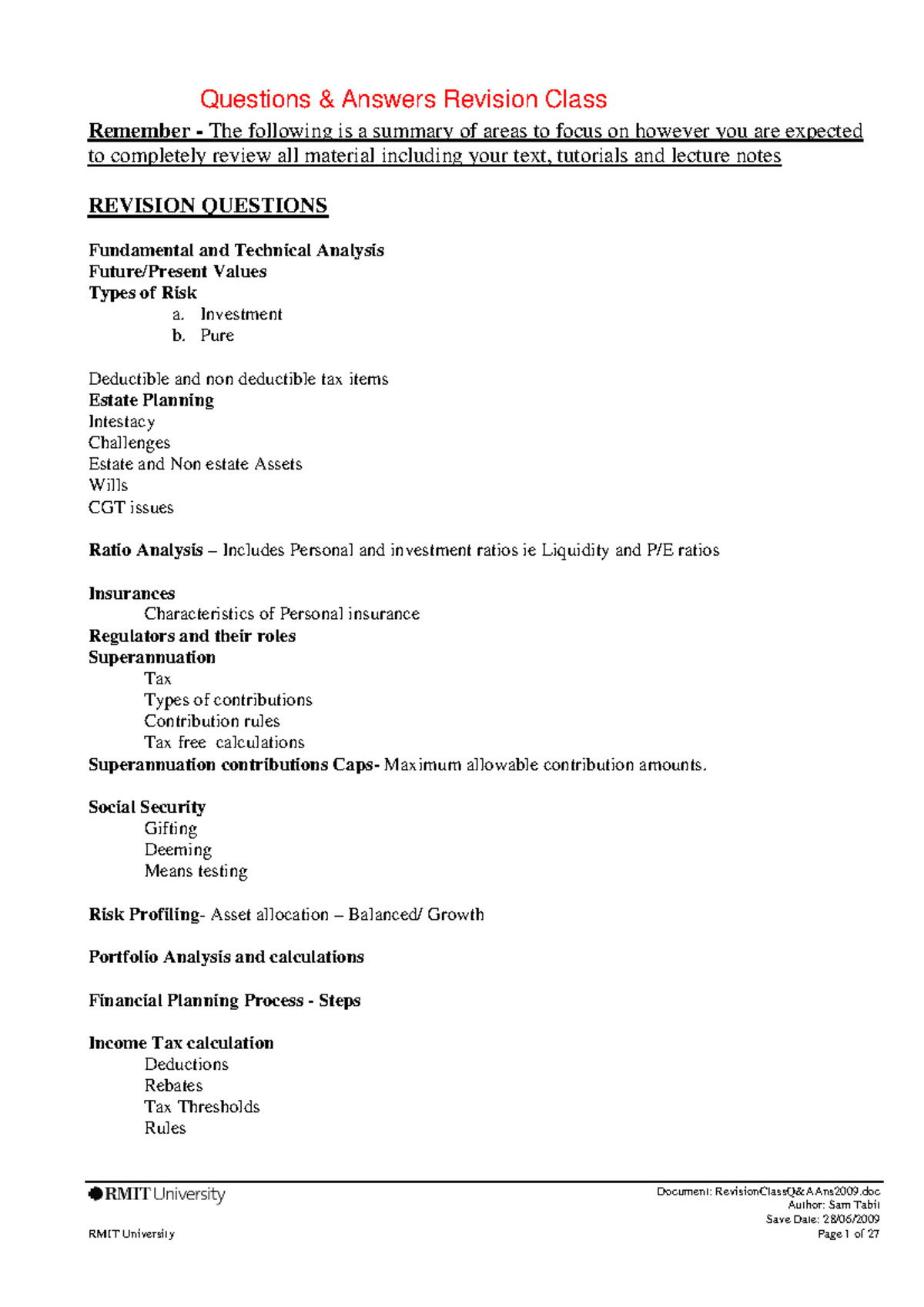 Sample/practice exam 2009, questions and answers - review questions and ...