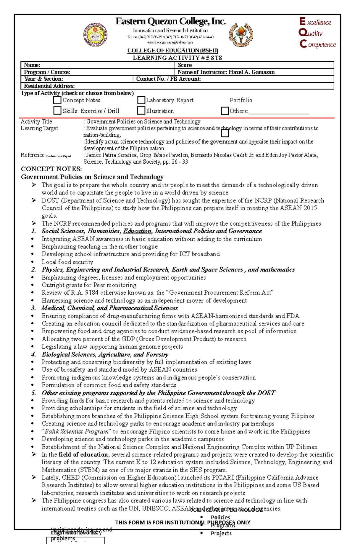 LAS 5 Government Policies on Science and Technology - LEARNING ACTIVITY ...