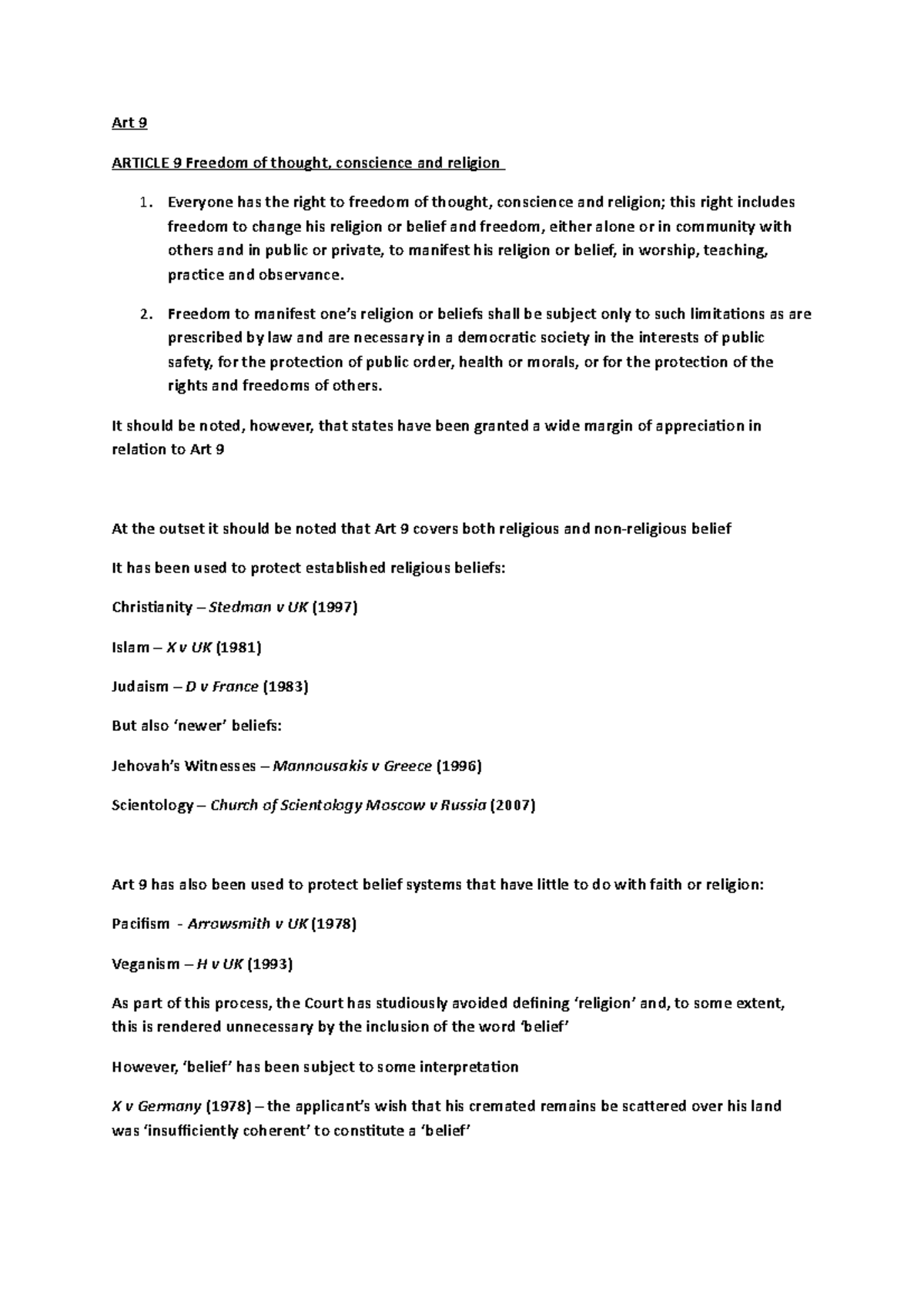 Human rights - Art 9 - Lecture notes 2 - Art 9 ARTICLE 9 Freedom of ...
