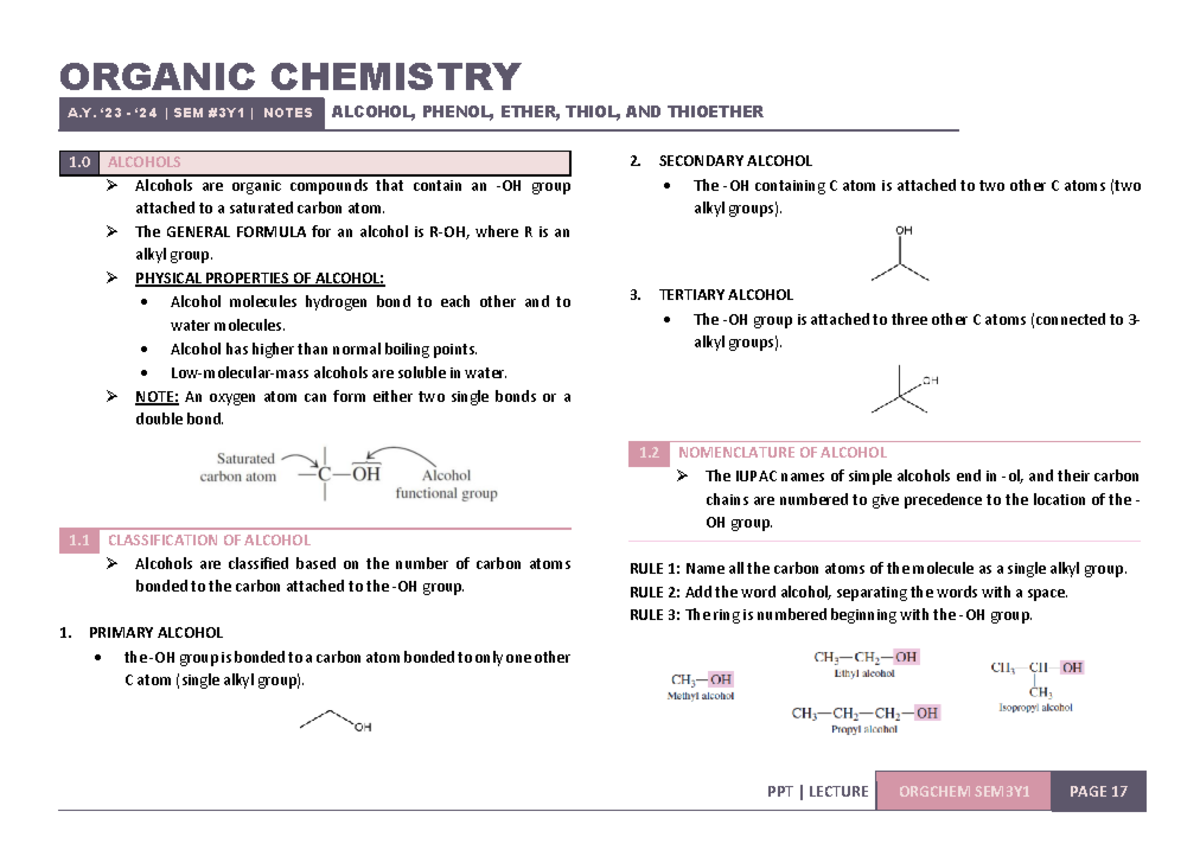 Alcohols - PART 1- Front PAGE - ORGANIC CHEMISTRY A. ‘23 - ‘24 | SEM ...