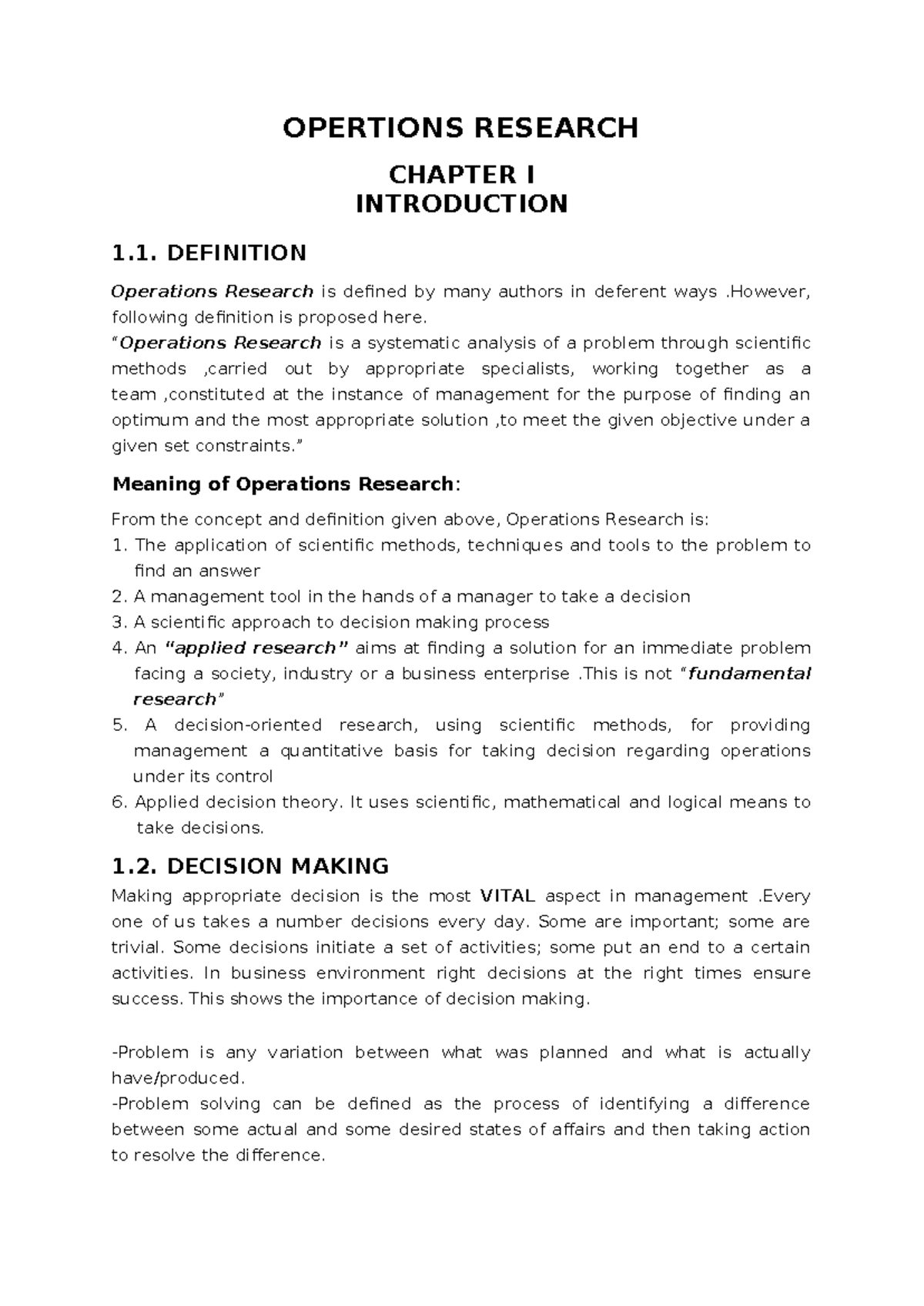 CH 1 2 and 3 - OPERTIONS RESEARCH CHAPTER I INTRODUCTION 1. DEFINITION ...