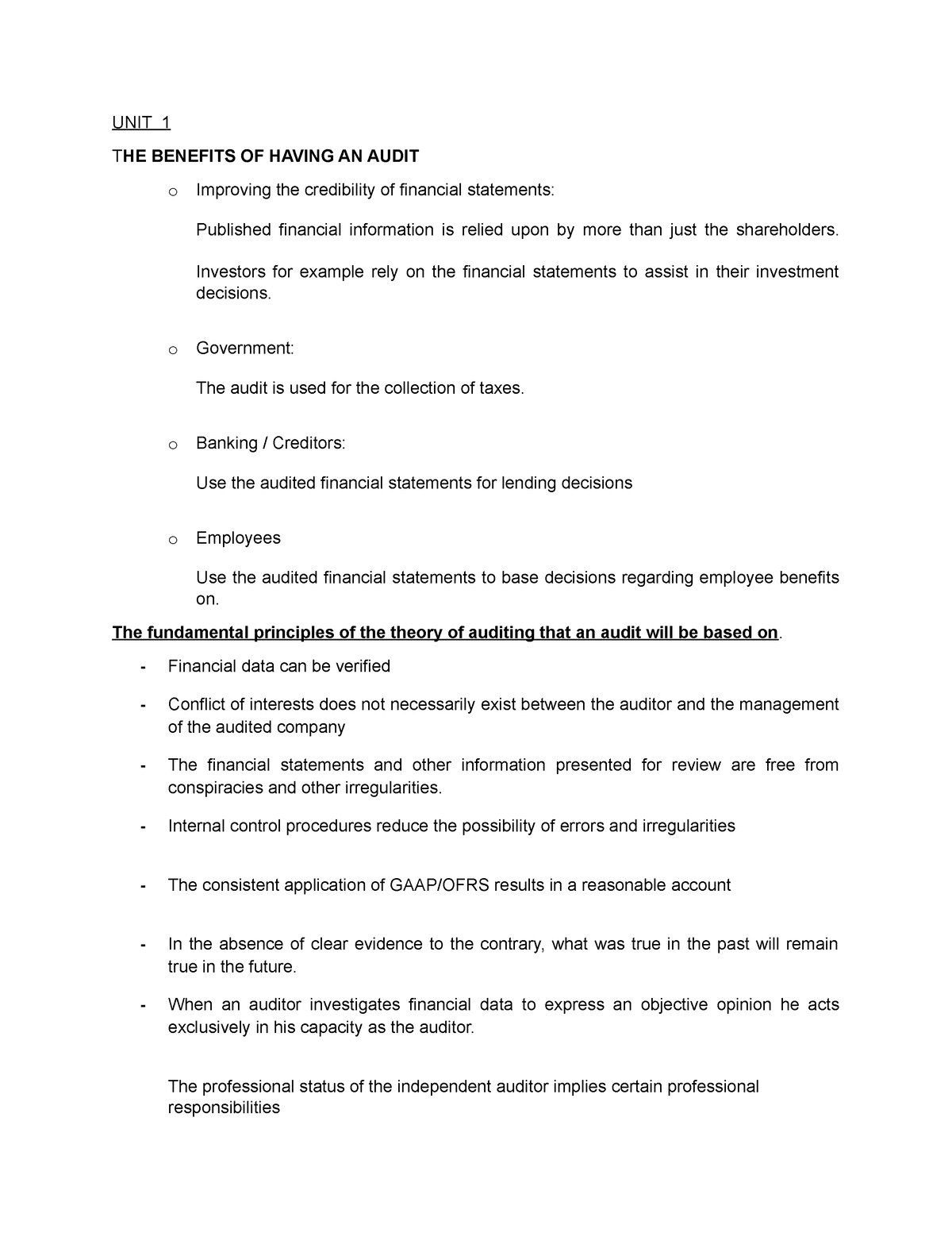 Auditing NOTE FOR Revision - UNIT 1 THE BENEFITS OF HAVING AN AUDIT o ...