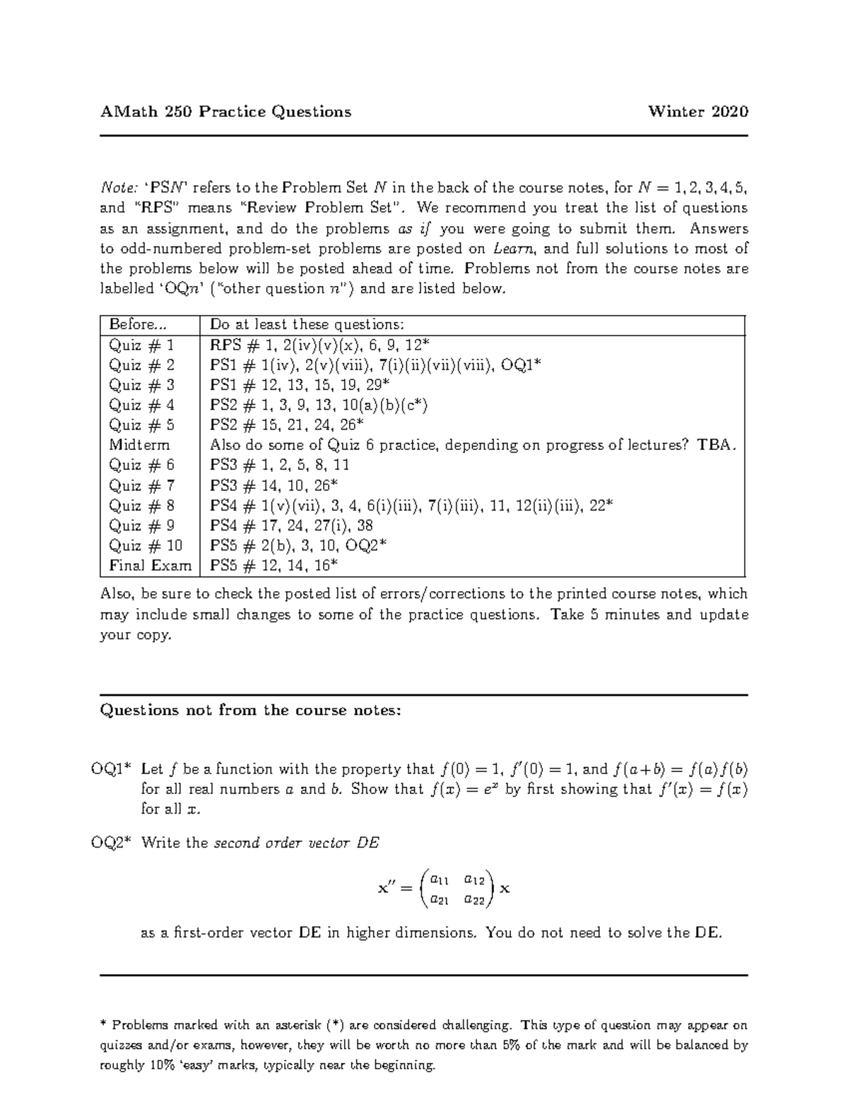 Practice Questions - We recommend you treatthe list of questions as an ...