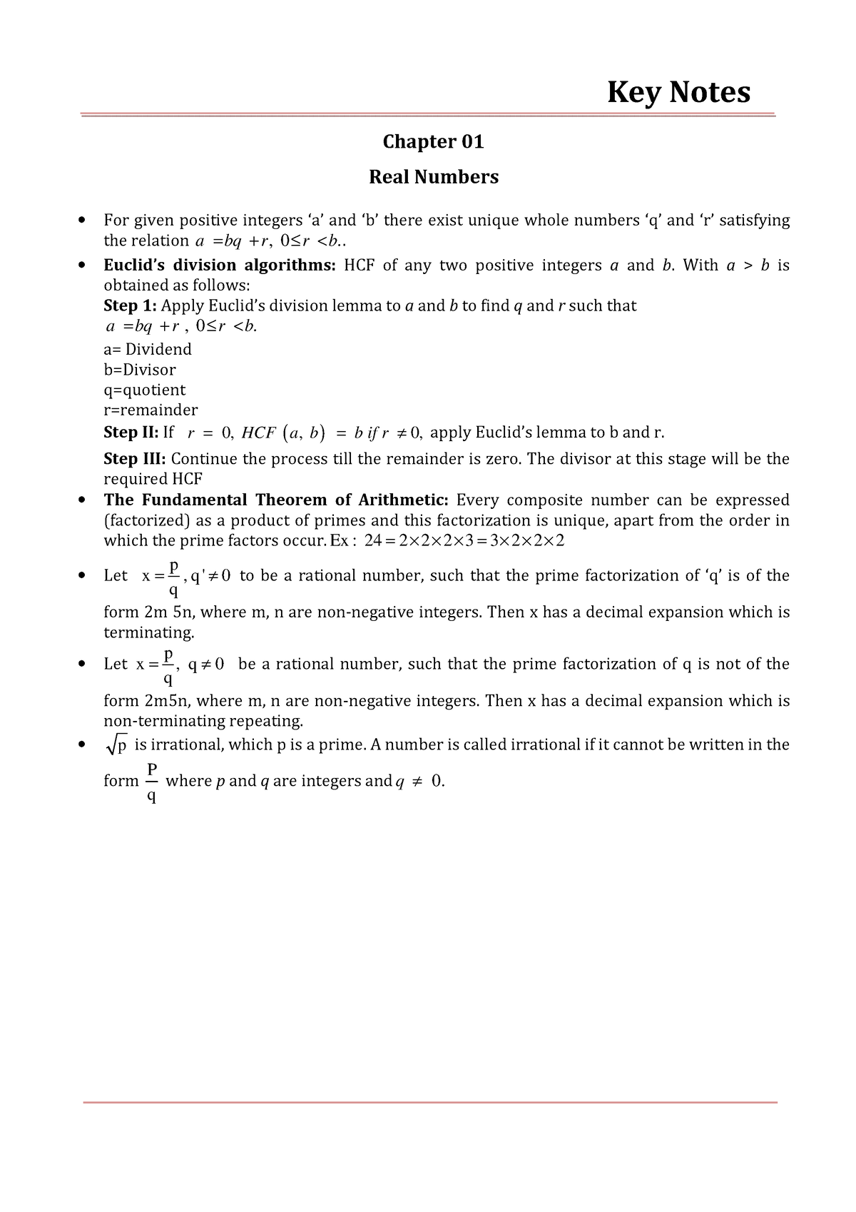 Real Numbers - Key Notes Chapter 01 Real Numbers For Given Positive ...