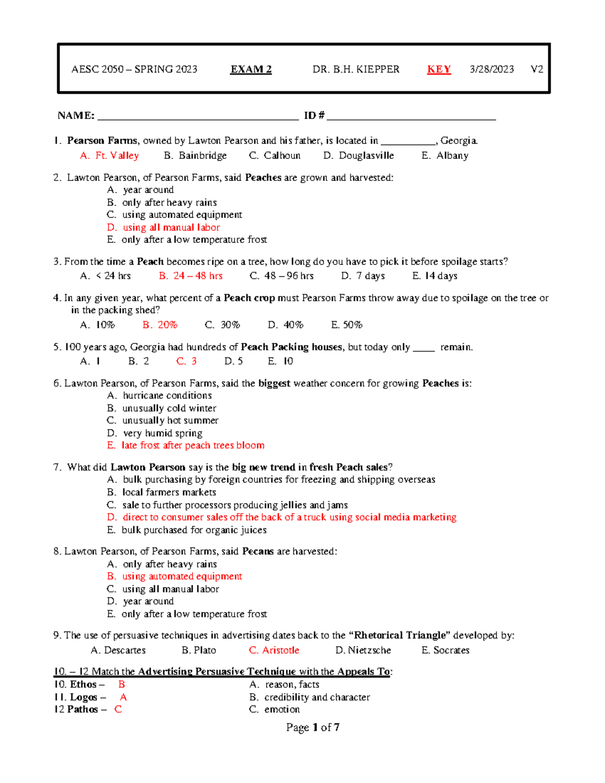 Exam 2 AESC - UGA - AESC 2050 – SPRING 2023 EXAM 2 DR. B. KIEPPER KEY 3 ...