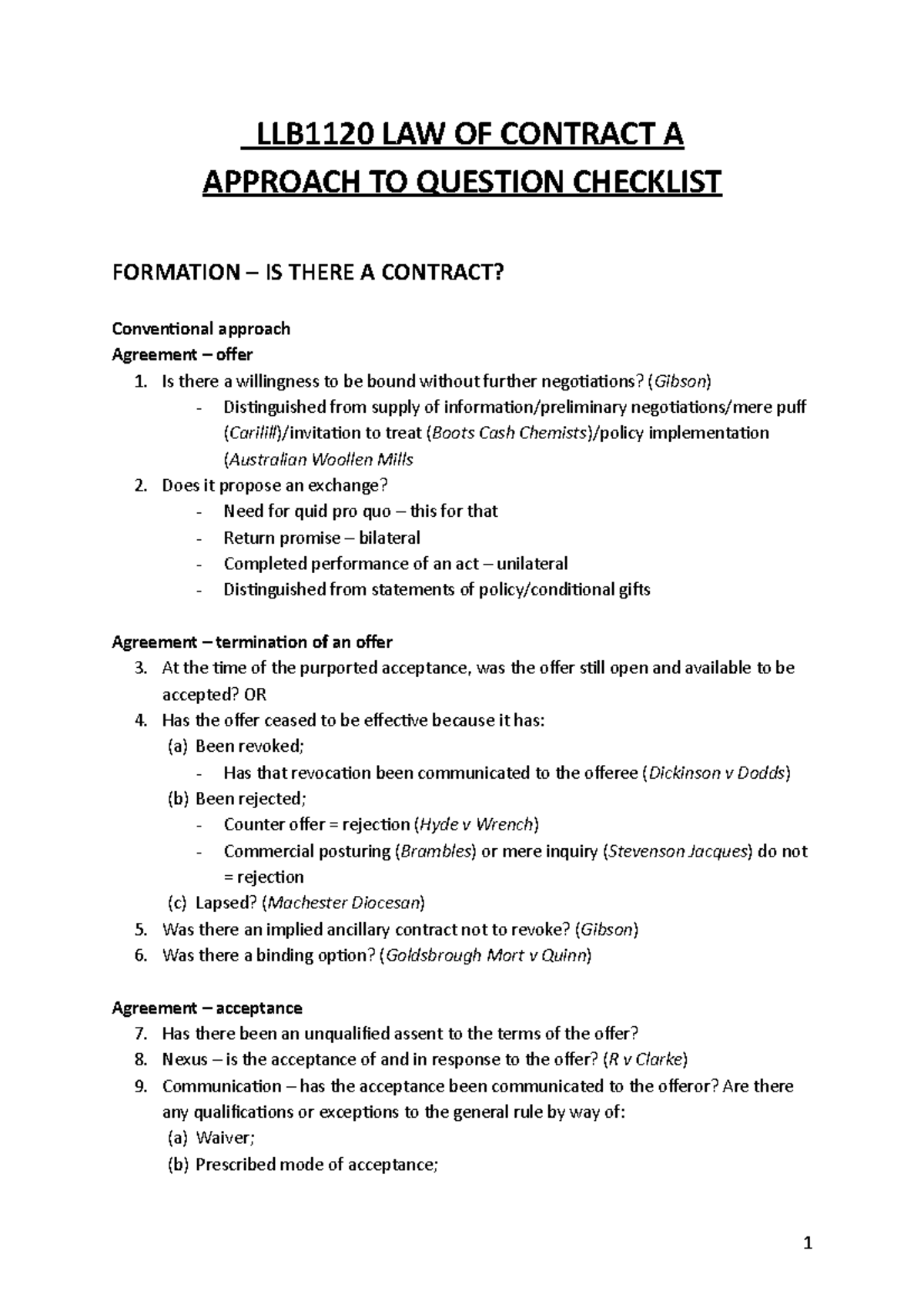 Checklist for contracts - LLB1120 LAW OF CONTRACT A APPROACH TO ...