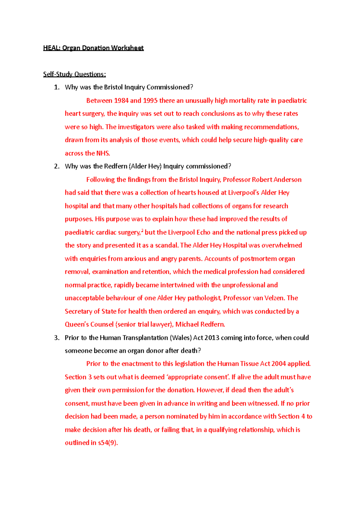 HEAL Organ Donation Worksheet HEAL Organ Donation Worksheet Self