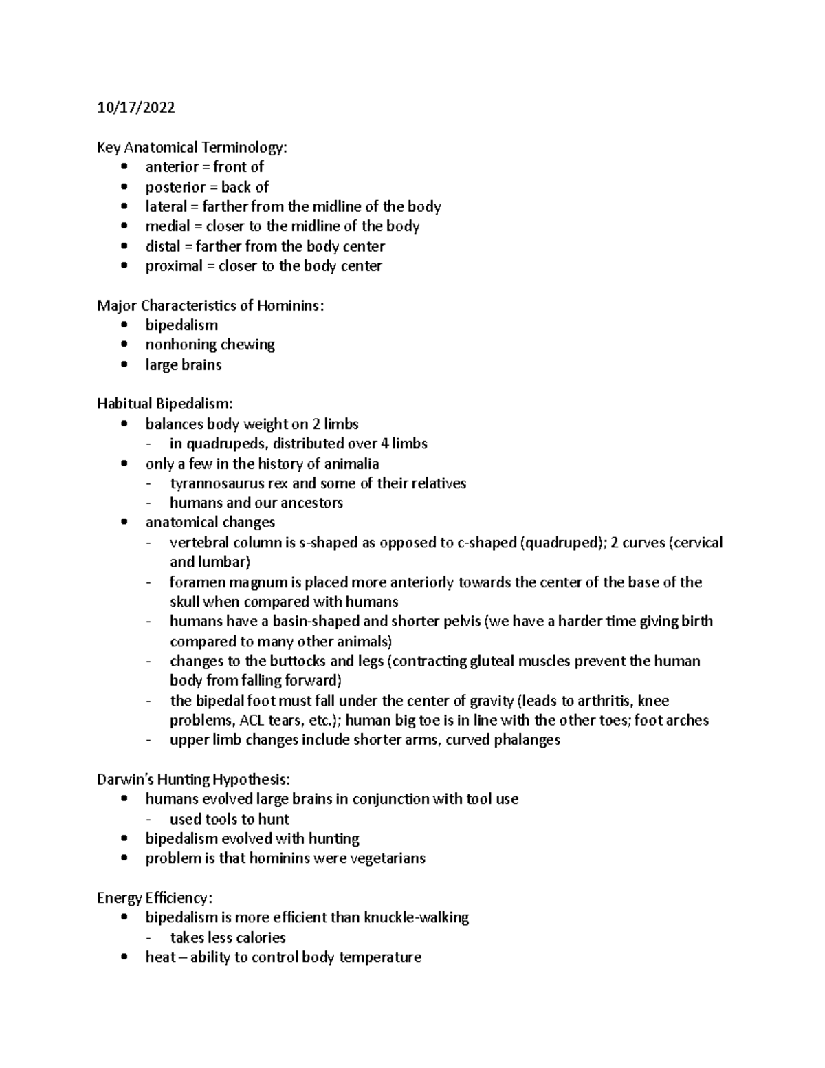Lecture on Hominins - 10/17/ Key Anatomical Terminology: anterior ...
