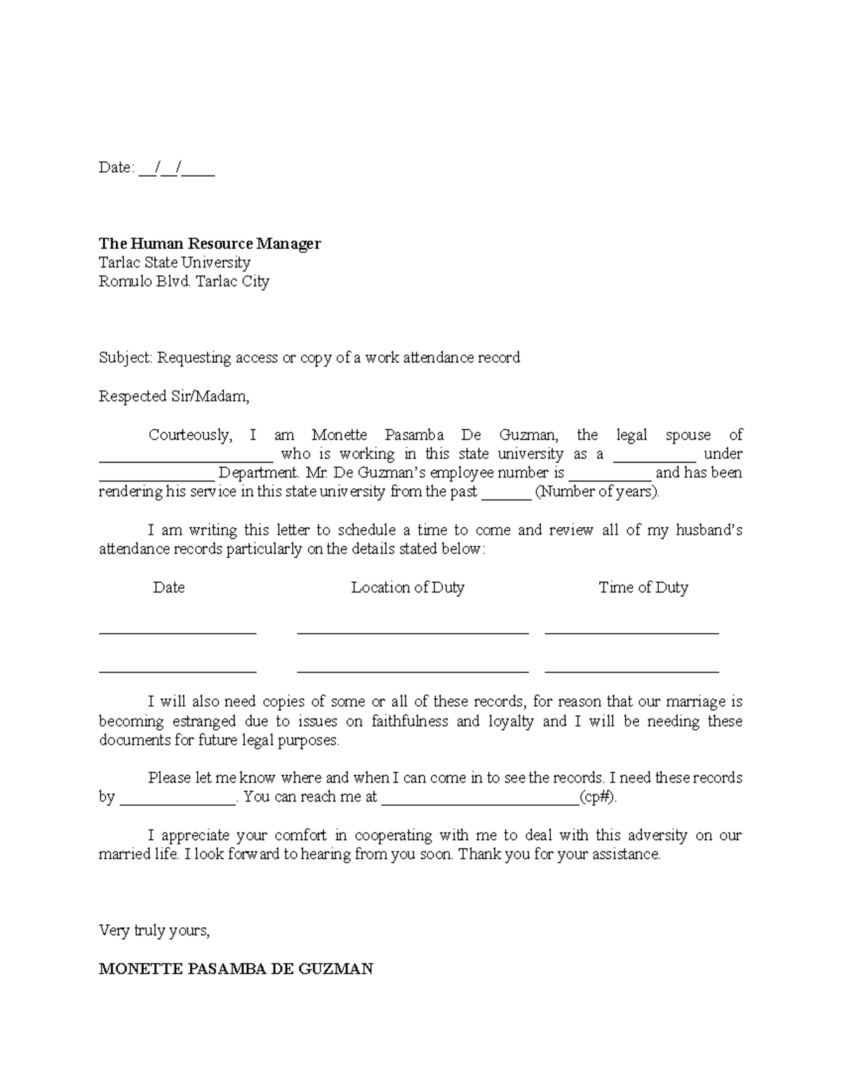 Request letter for records - Date: //____ The Human Resource Manager ...