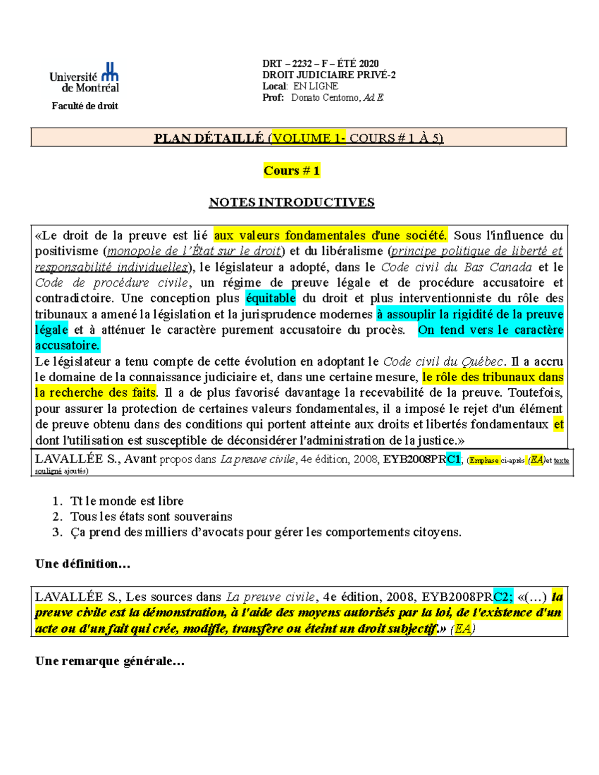 Volume 1 - Preuve - Notes de cours - Faculté de droit DRT – 2232 – F ...