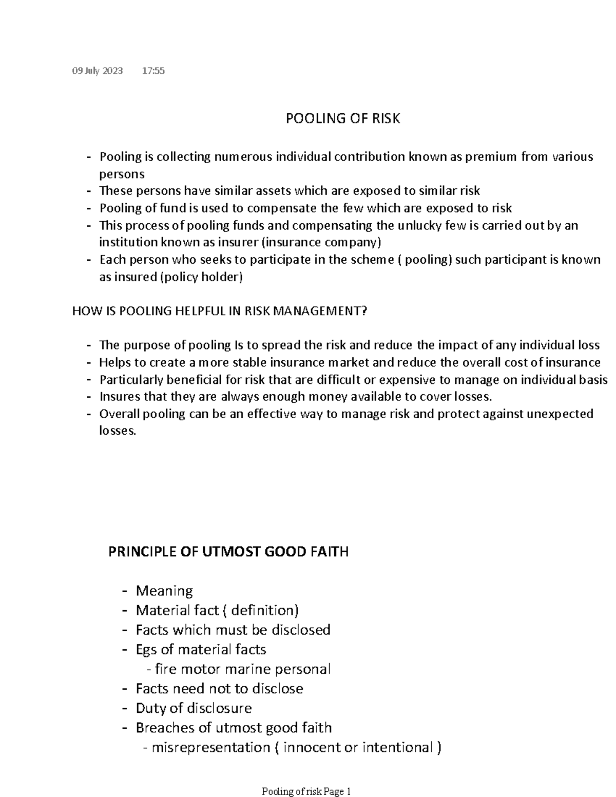 Pooling of risk - POOLING OF RISK Pooling is collecting numerous ...