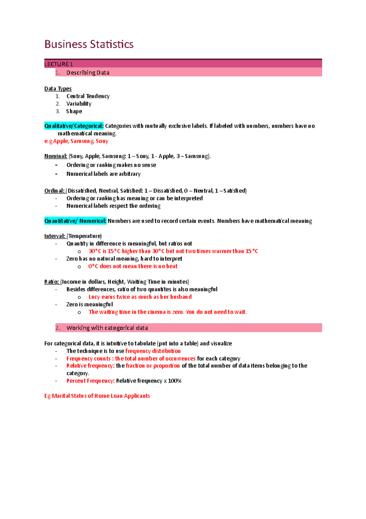 Business Statistics FULL NOTES - Business Statistics LECTURE 1 1 ...