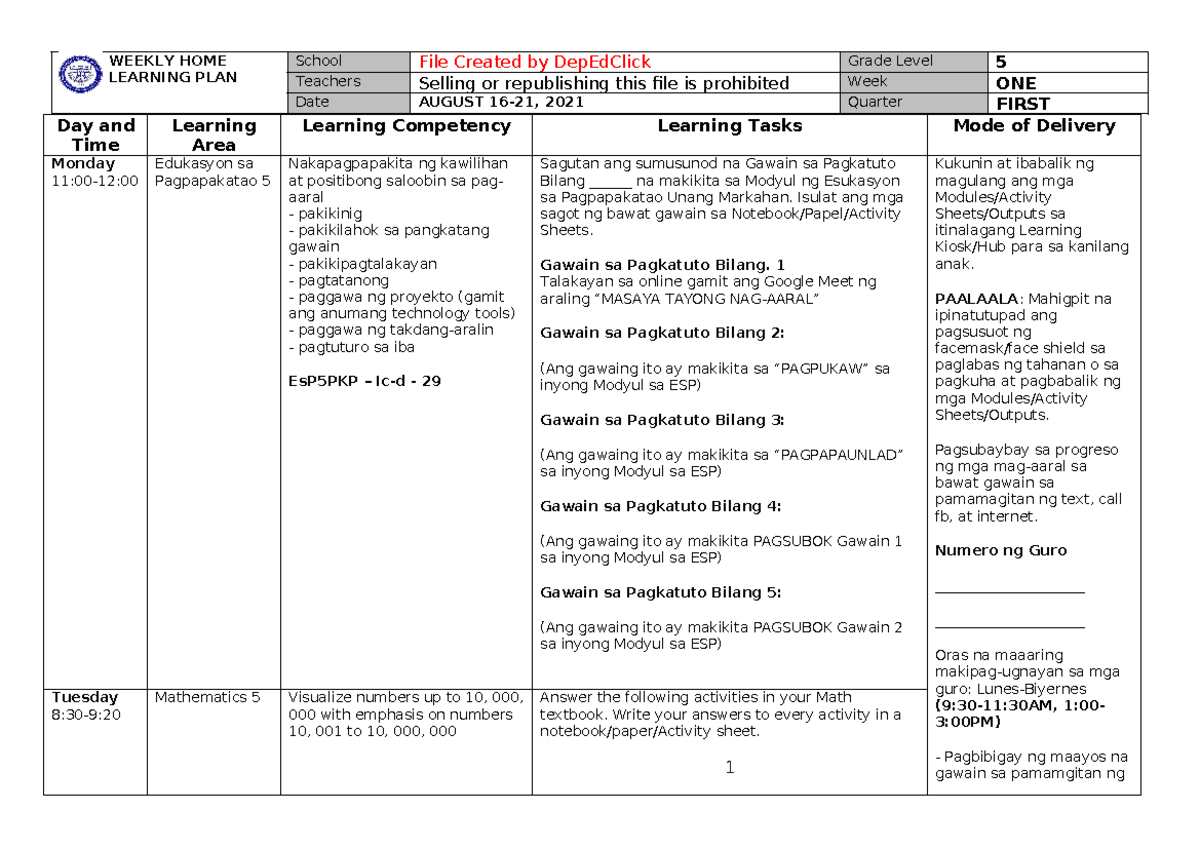 HOME PLAN Grade 5 Week 1 - ctto - WEEKLY HOME LEARNING PLAN School File ...