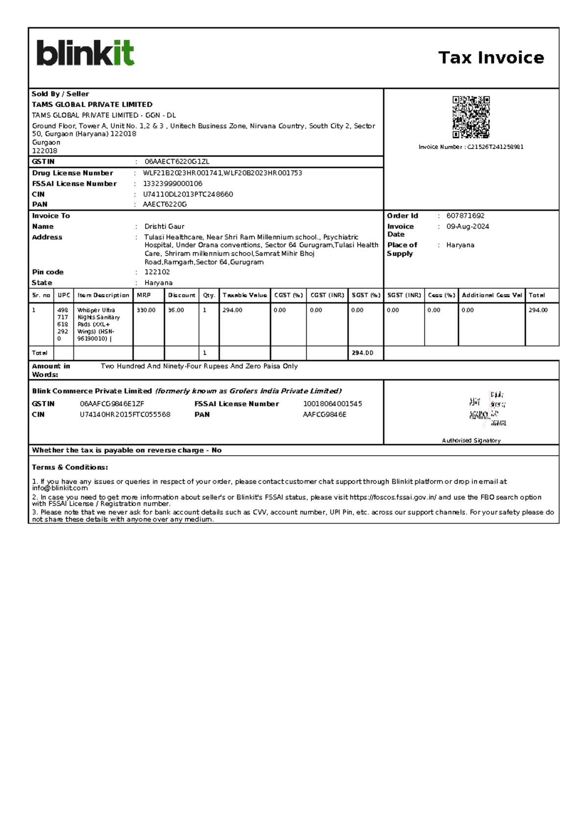 Forward Invoice ORD284505534 - Tax Invoice Sold By / Seller TAMS GLOBAL ...