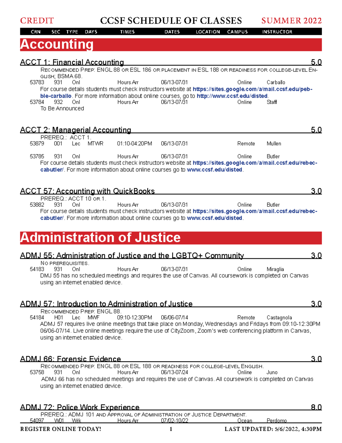 Summer 2022 Credit Classes CREDIT CCSF SCHEDULE OF CLASSES SUMMER 