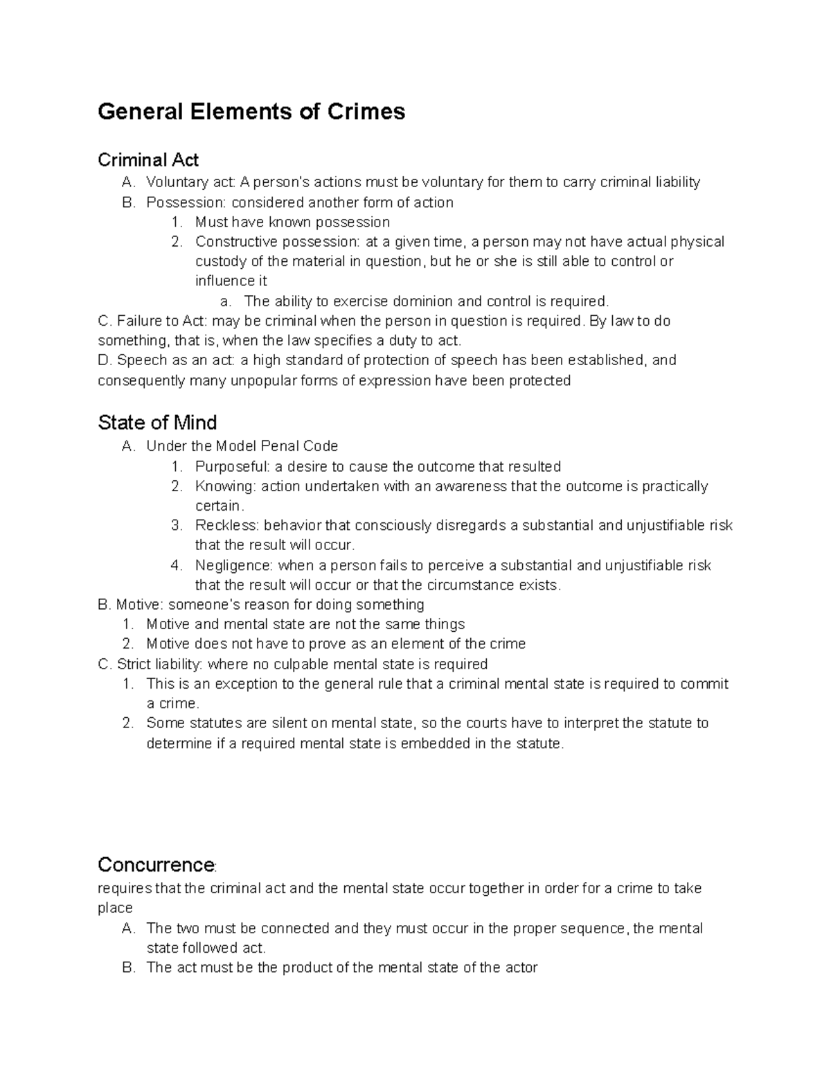General Elements of Crimes General Elements of Crimes Criminal Act A