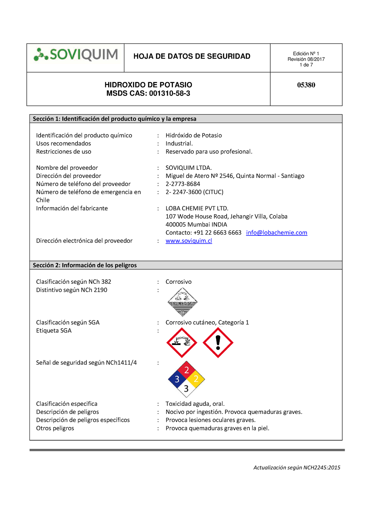 Hidroxido De Potasio 05380 Hoja De Datos De Seguridad Revisión 08 1 De 7 Hidroxido De