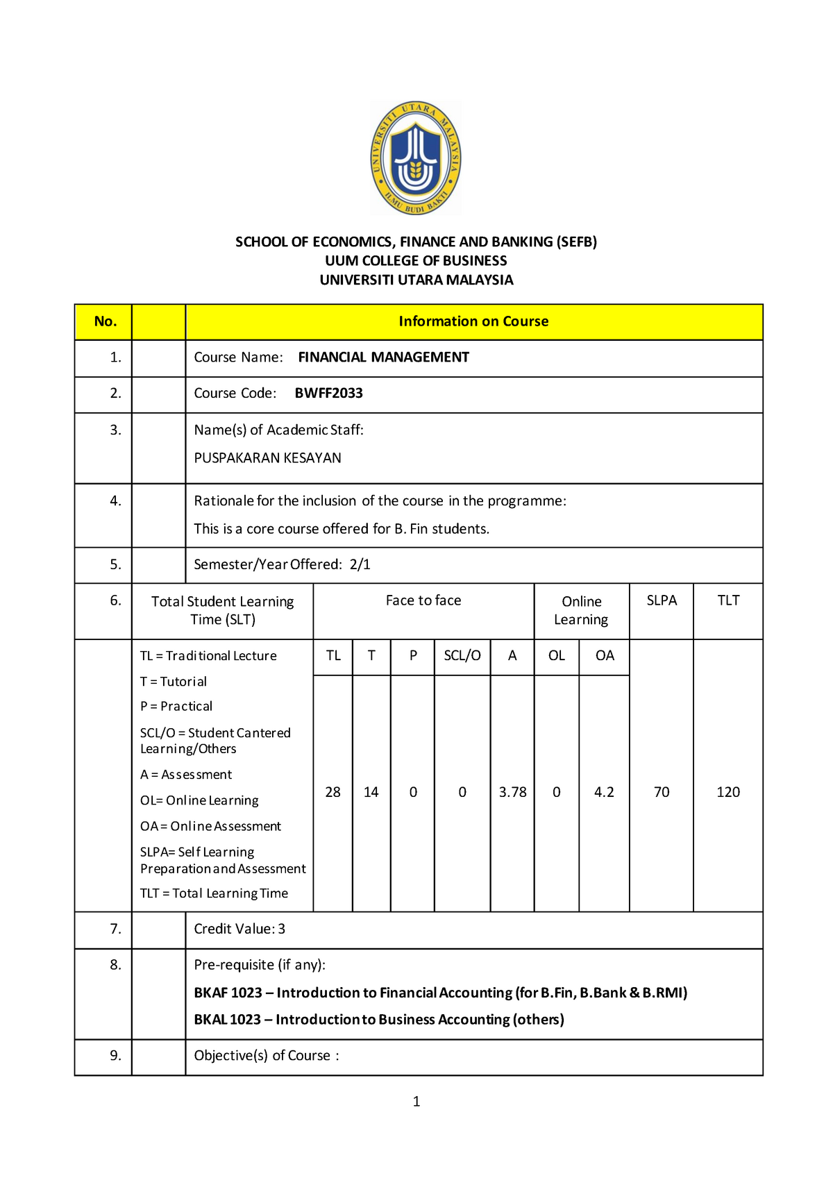 A202 BWFF2033 Syllabus - SCHOOL OF ECONOMICS, FINANCE AND BANKING (SEFB ...