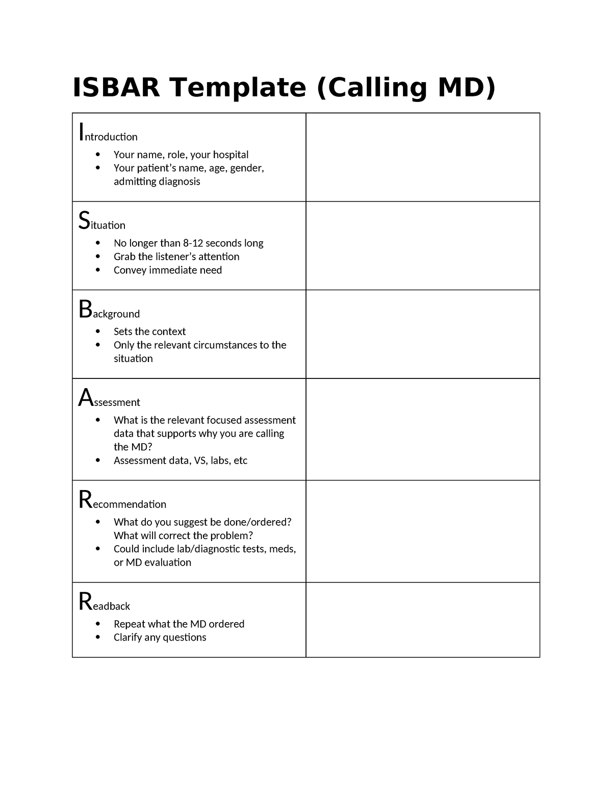 Isbarr Template ISBAR Template (Calling MD) Introduction Your name