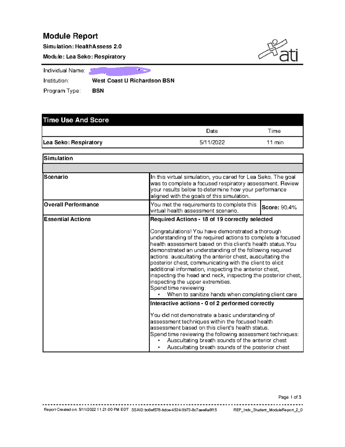 Lea Seko (Respiratory) - Module Report Simulation: HealthAssess 2 ...