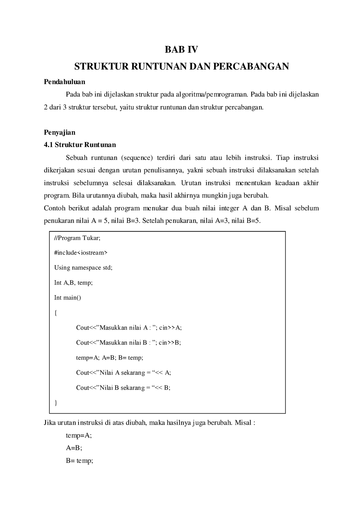 Modul 4 - BAB IV STRUKTUR RUNTUNAN DAN PERCABANGAN Pendahuluan Pada Bab ...