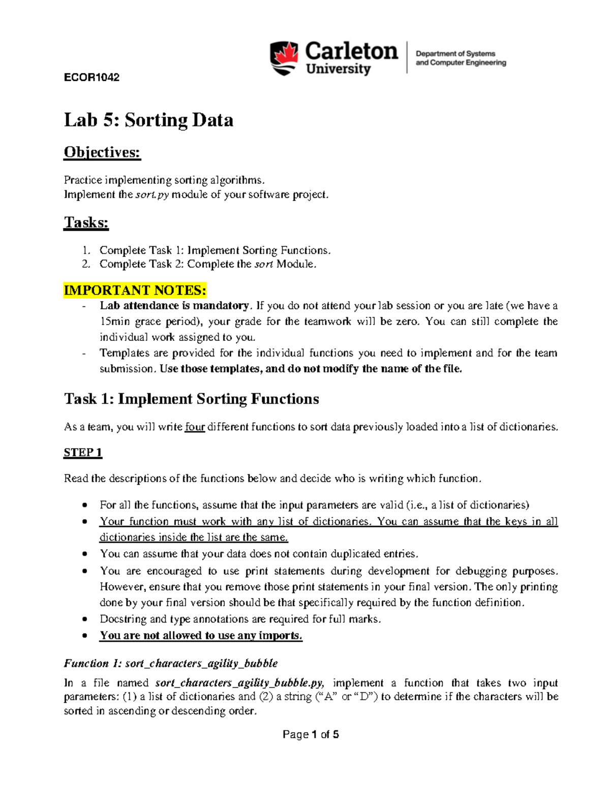 Lab 5 - Sorting - Lab 5: Sorting Data Objectives: Practice implementing ...