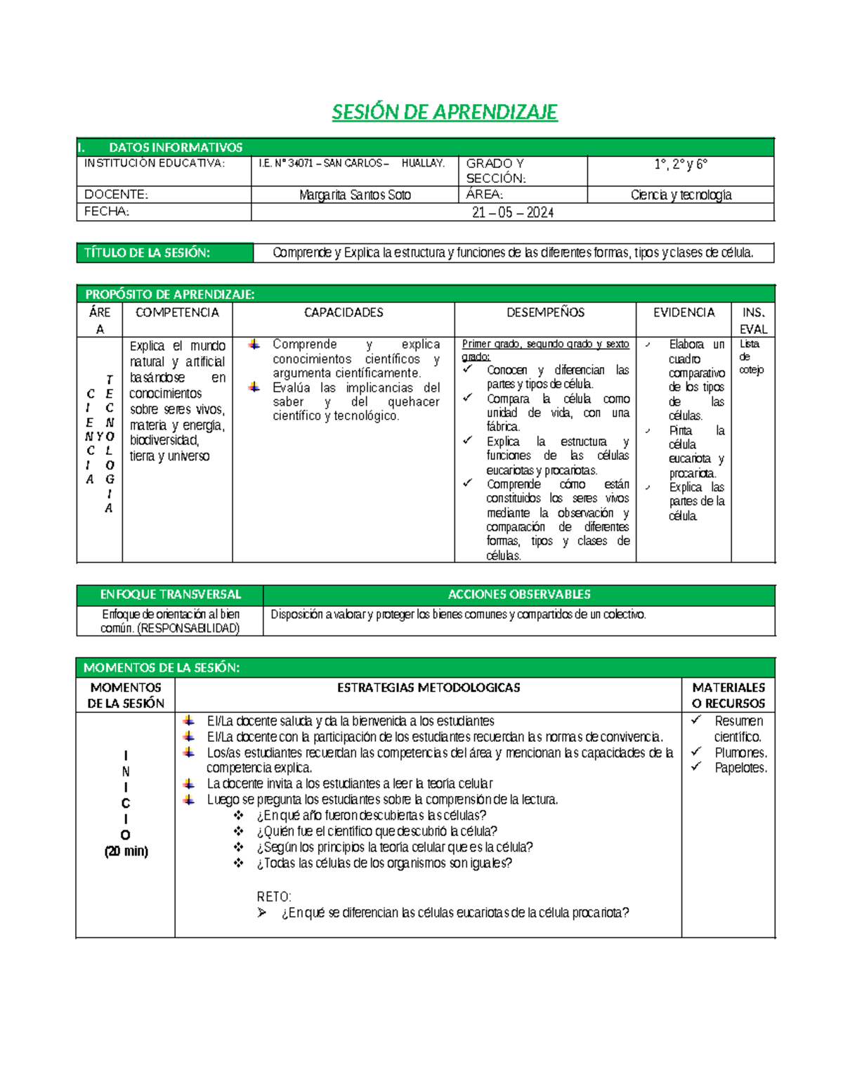Sesión DE CYT Plantilla SESIÓN DE APRENDIZAJE I. DATOS INFORMATIVOS