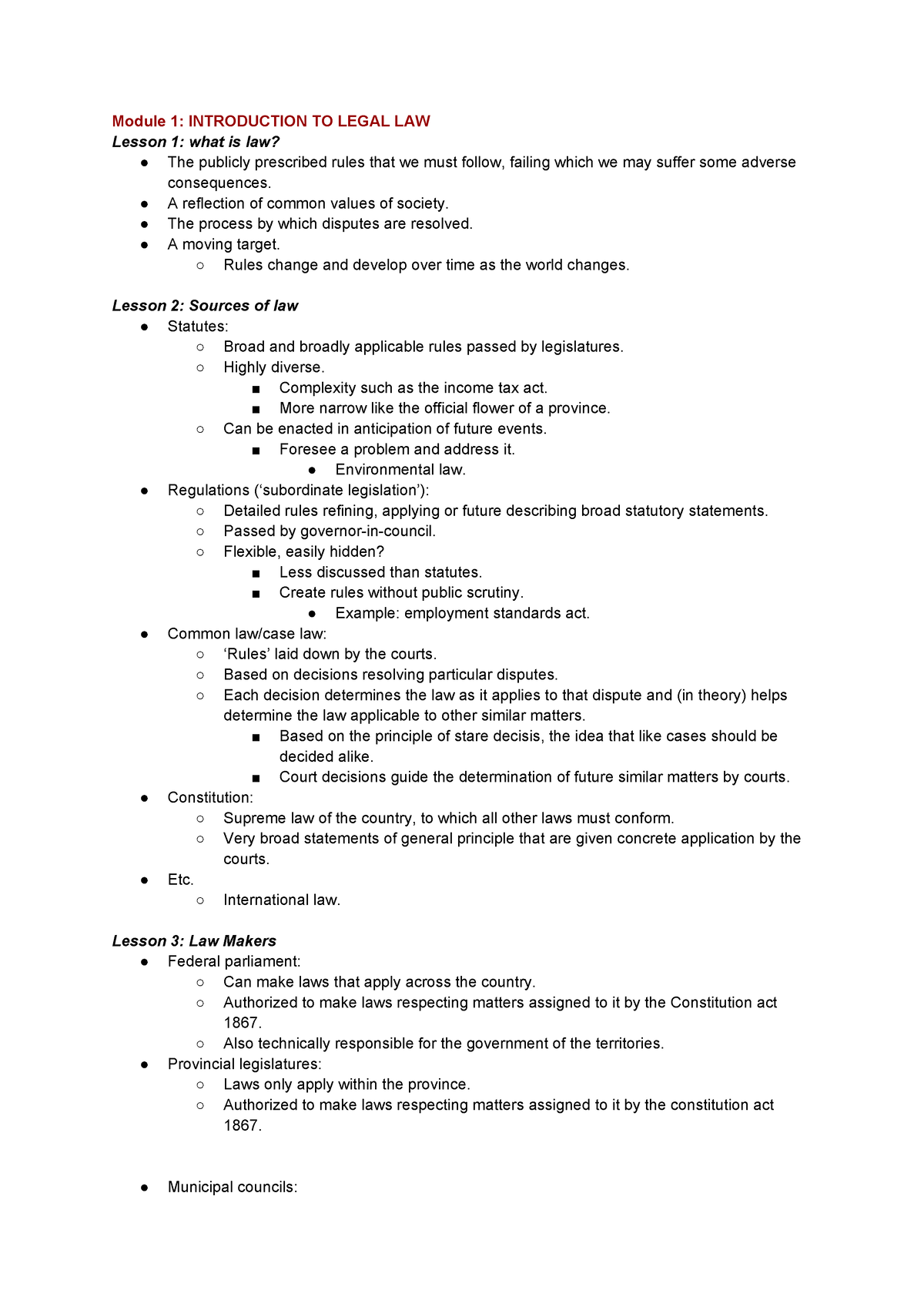 Law - first semester notes. - Module 1: INTRODUCTION TO LEGAL LAW ...