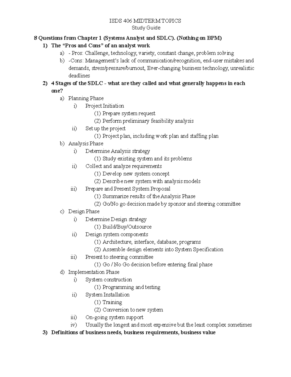 ISDS 406 Midterm Study Guide - ISDS 406 MIDTERM TOPICS Study Guide 8 ...