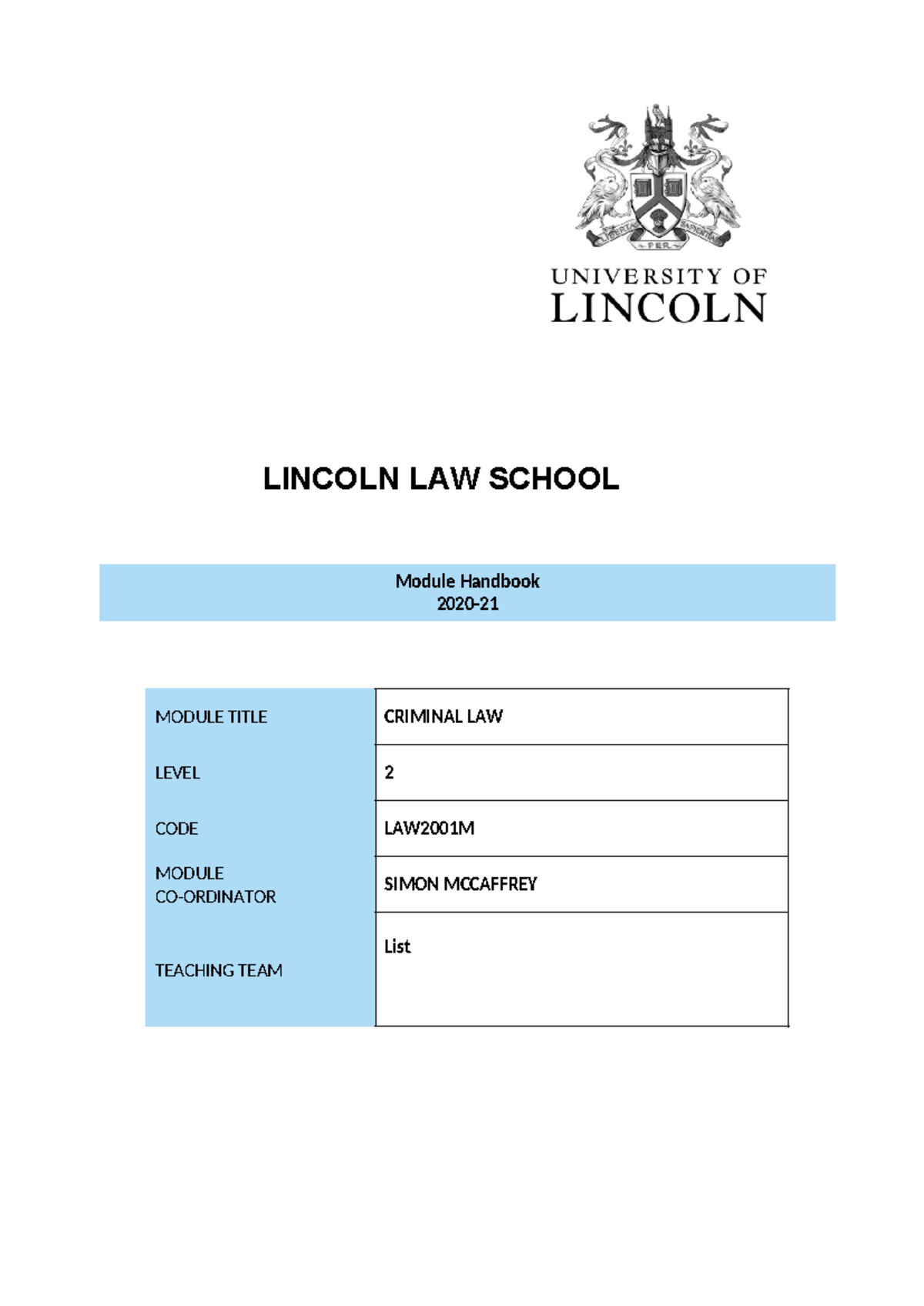 Criminal Law Module Handbook 2020-21 - LINCOLN LAW SCHOOL Module ...